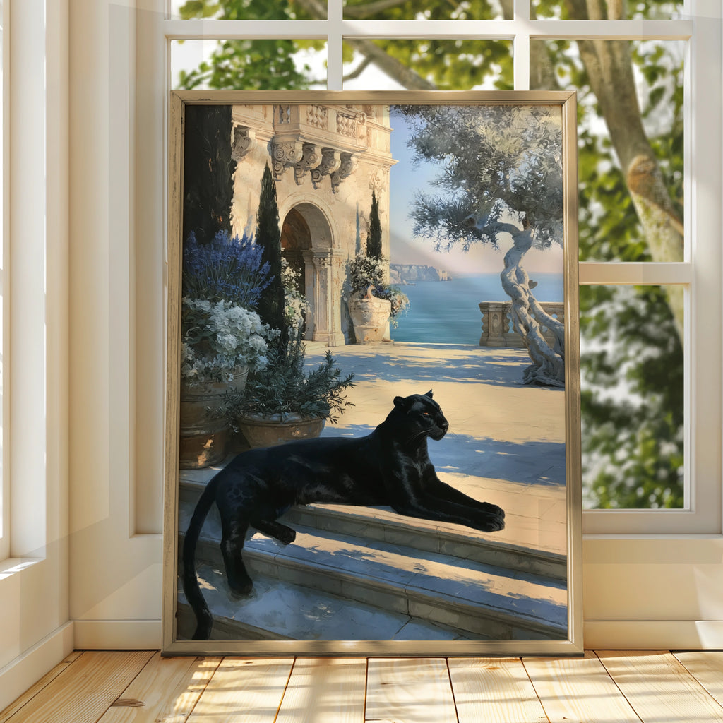 Black Panther Wall Art, Luxury Mediterranean Villa Print, Old Money Decor
