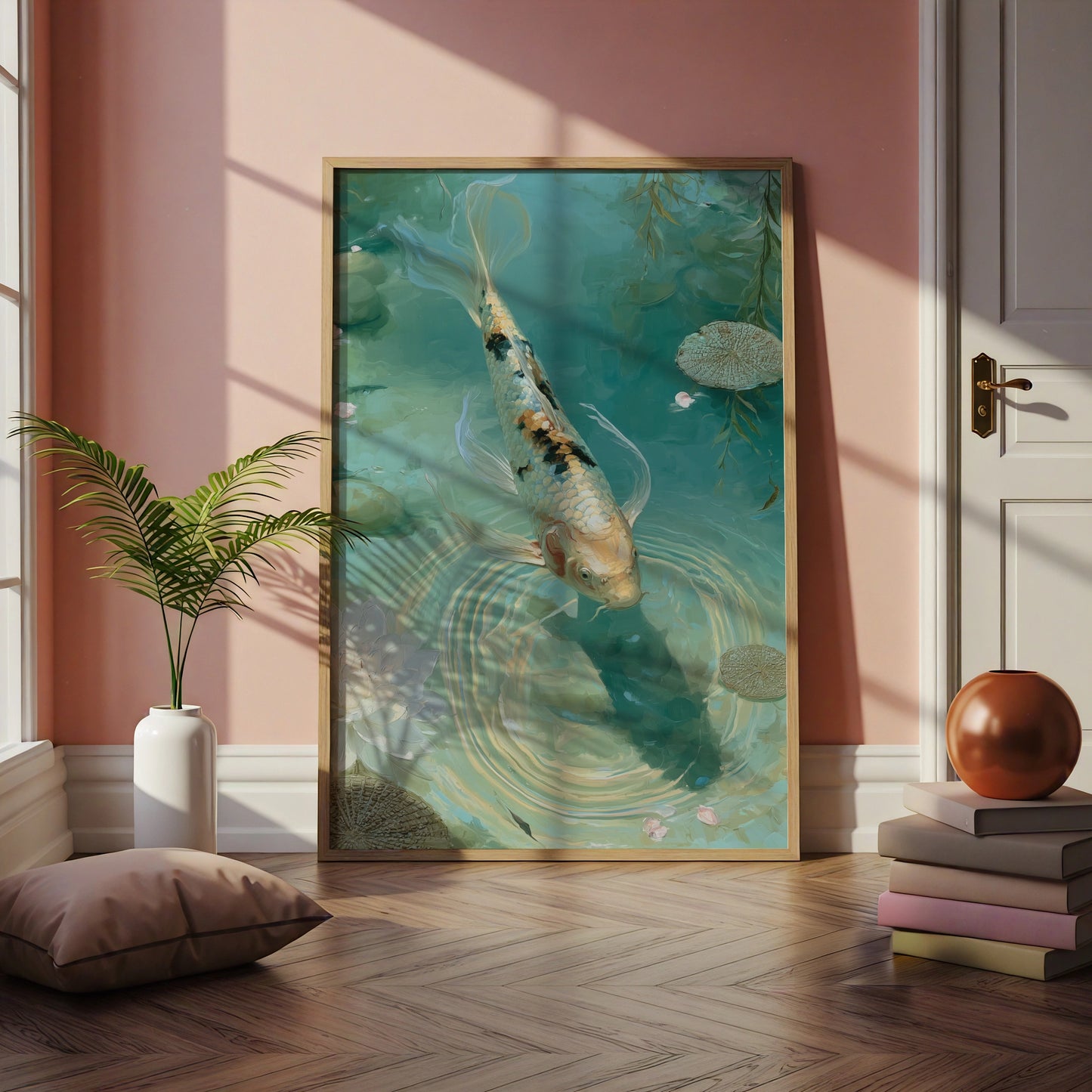 Koi Fish Pond Wall Art Print, Japanese Garden, Teal Zen Poster