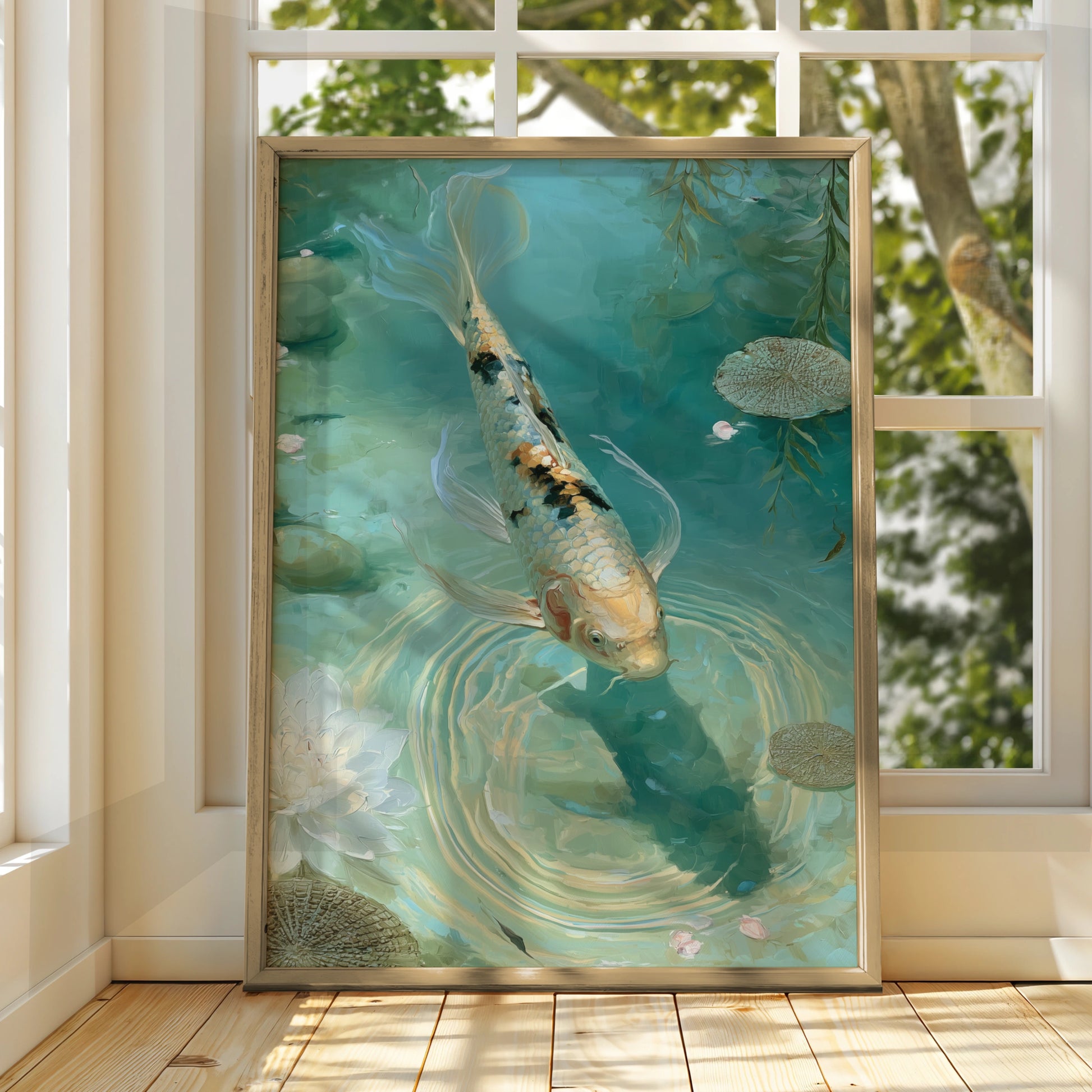 Koi Fish Pond Wall Art Print, Japanese Garden, Teal Zen Poster