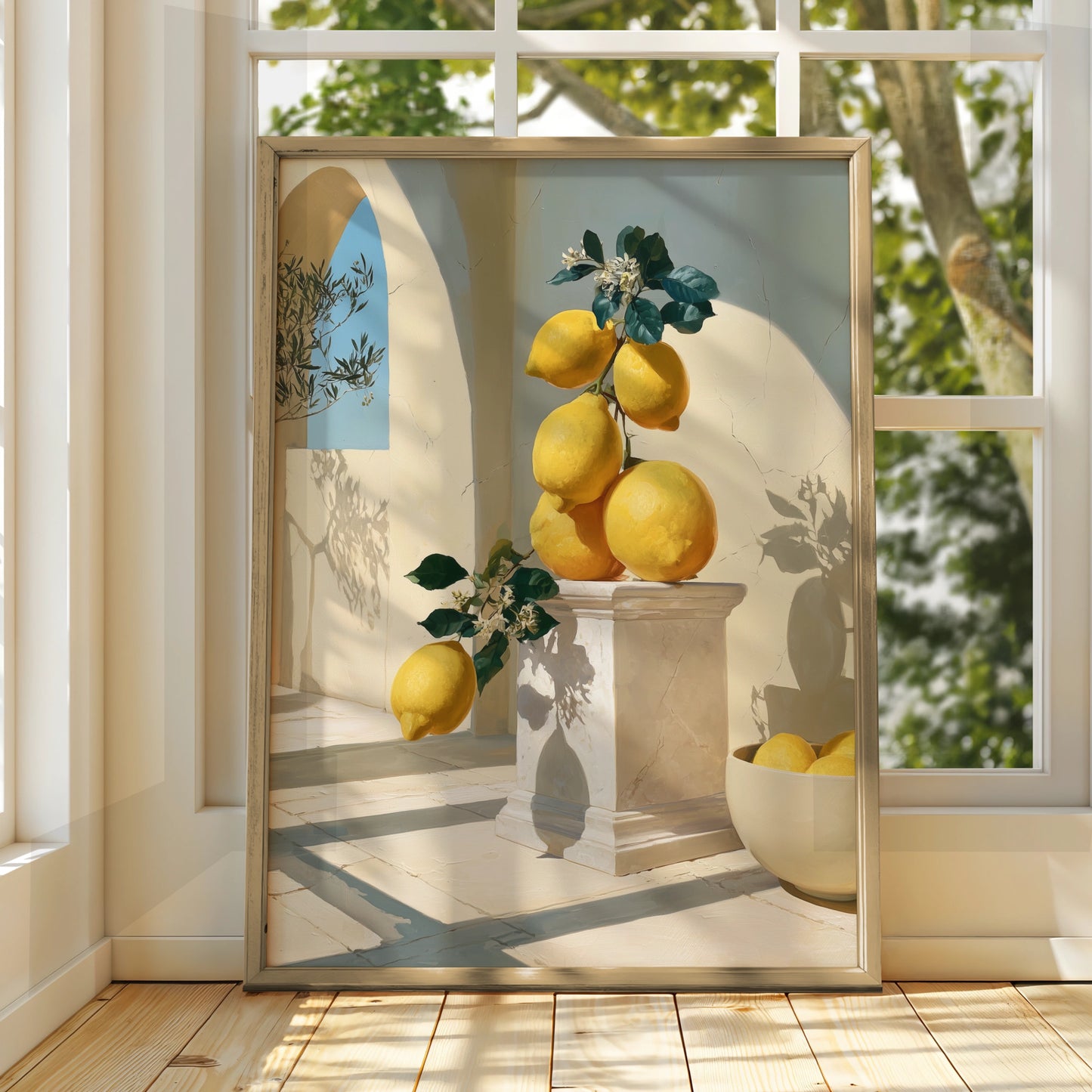 Giant Lemons on Marble Pedestal, Mediterranean Wall Art, Botanical Poster