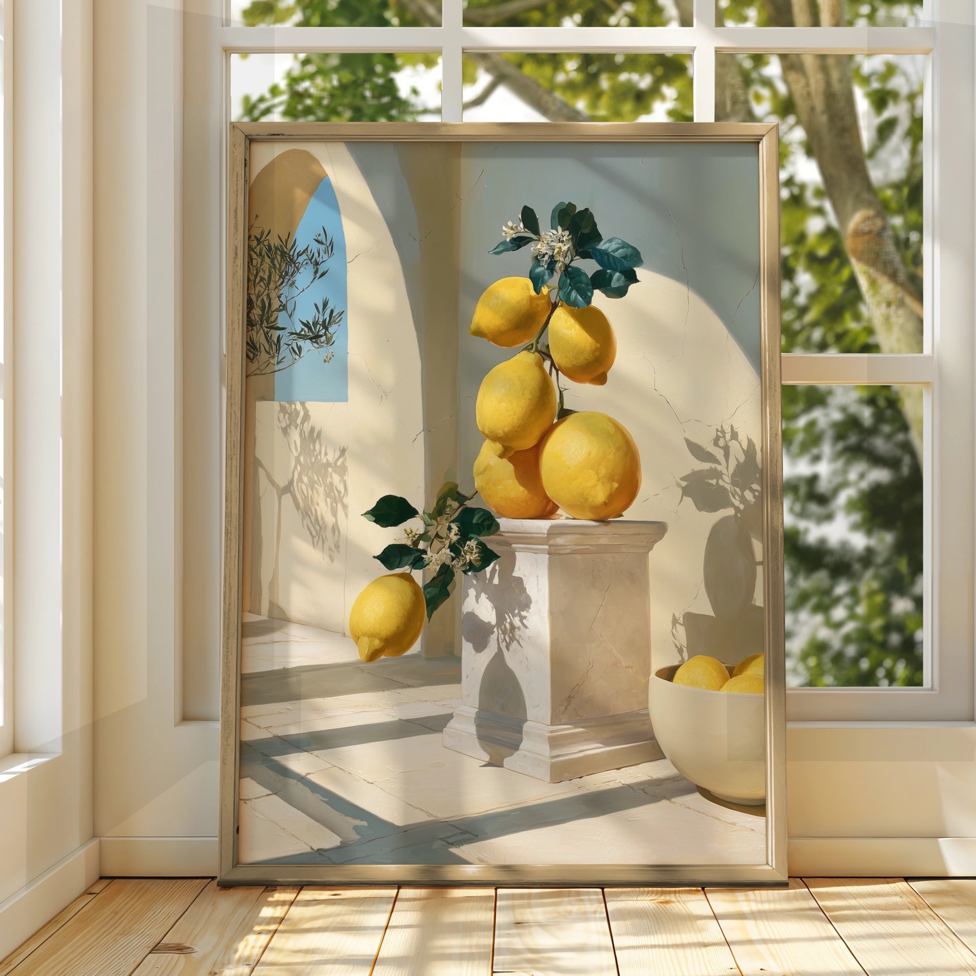 Giant Lemons on Marble Pedestal, Mediterranean Wall Art, Botanical Poster