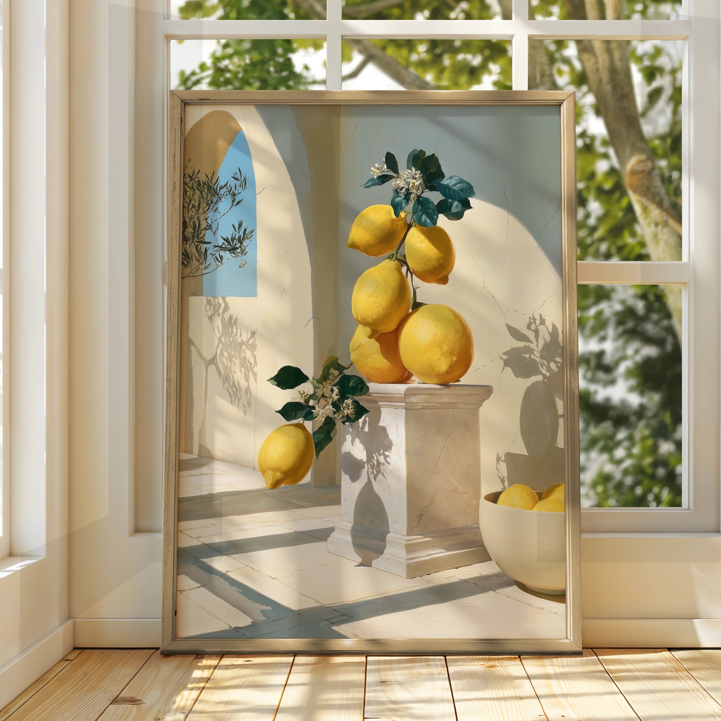 Giant Lemons on Marble Pedestal, Mediterranean Wall Art, Botanical Poster