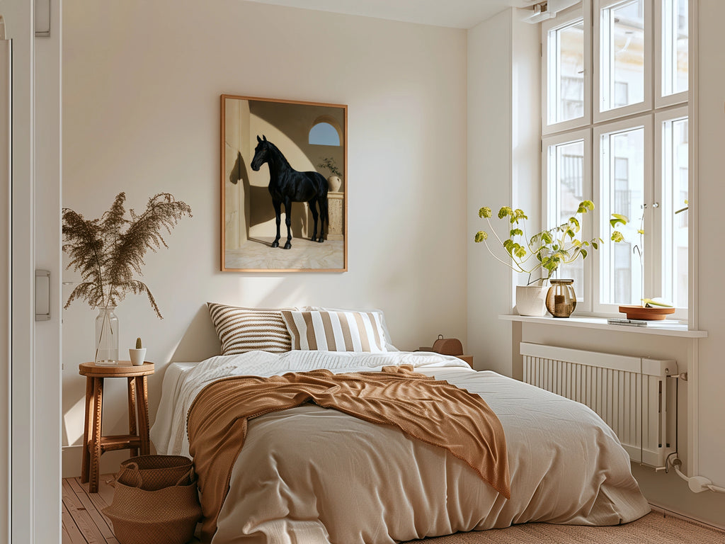 Black Horse Print, Mediterranean Arch Wall Art, Equestrian Poster, Minimalist