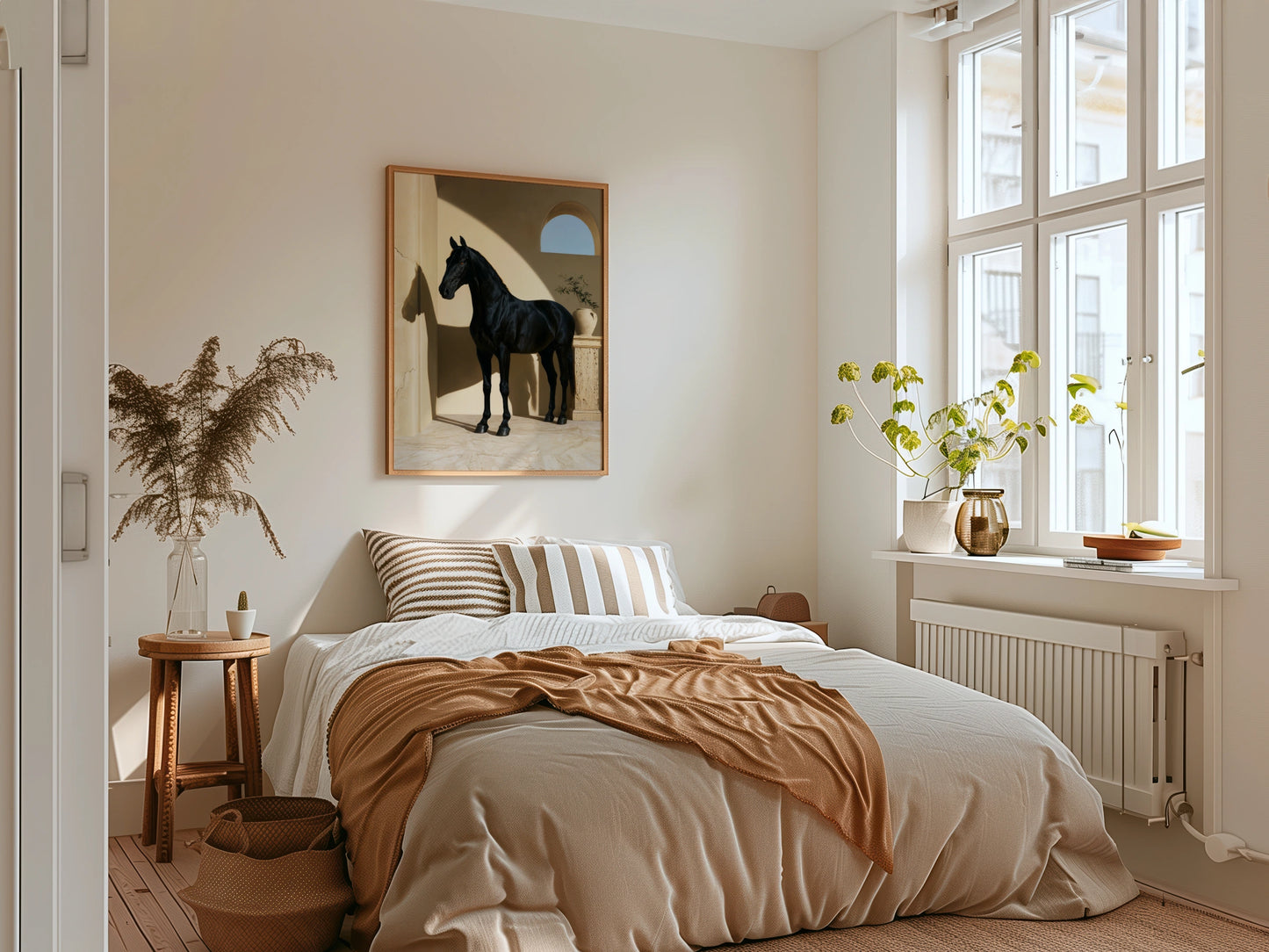 Black Horse Print, Mediterranean Arch Wall Art, Equestrian Poster, Minimalist