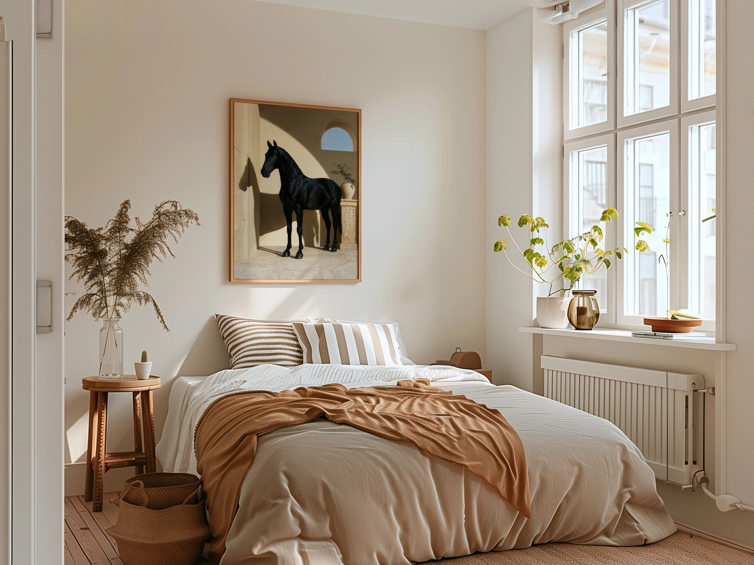 Black Horse Print, Mediterranean Arch Wall Art, Equestrian Poster, Minimalist