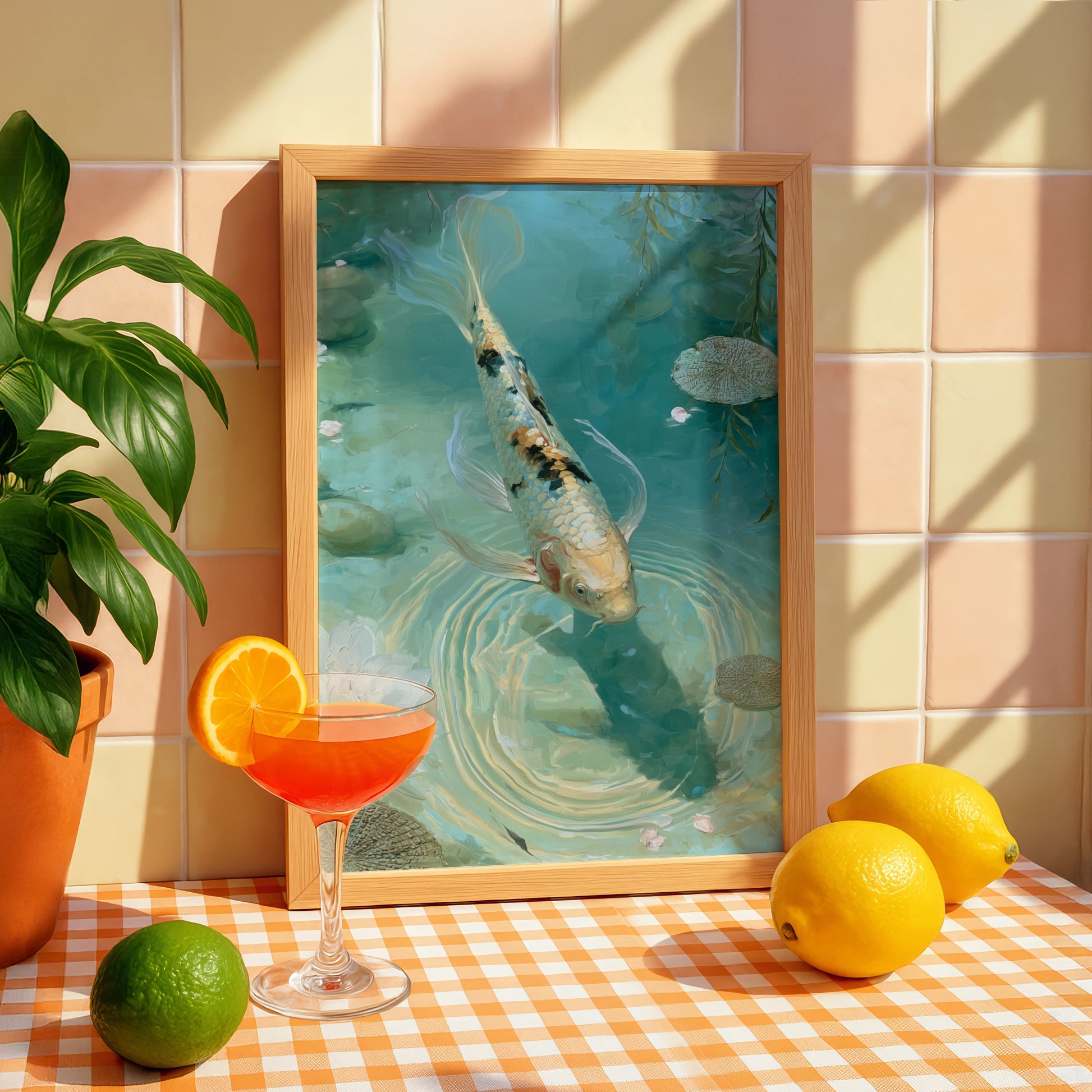 Koi Fish Pond Wall Art Print, Japanese Garden, Teal Zen Poster