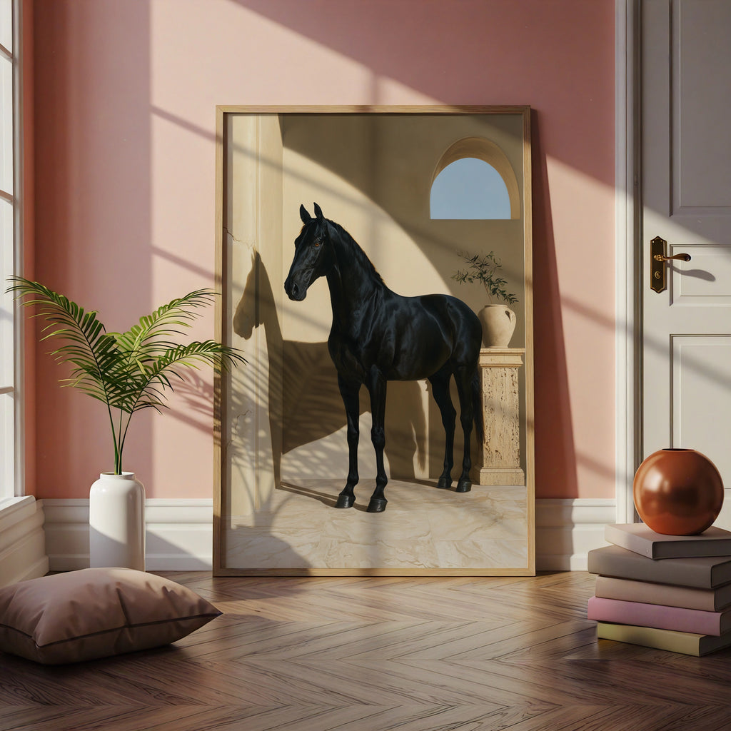 Black Horse Print, Mediterranean Arch Wall Art, Equestrian Poster, Minimalist
