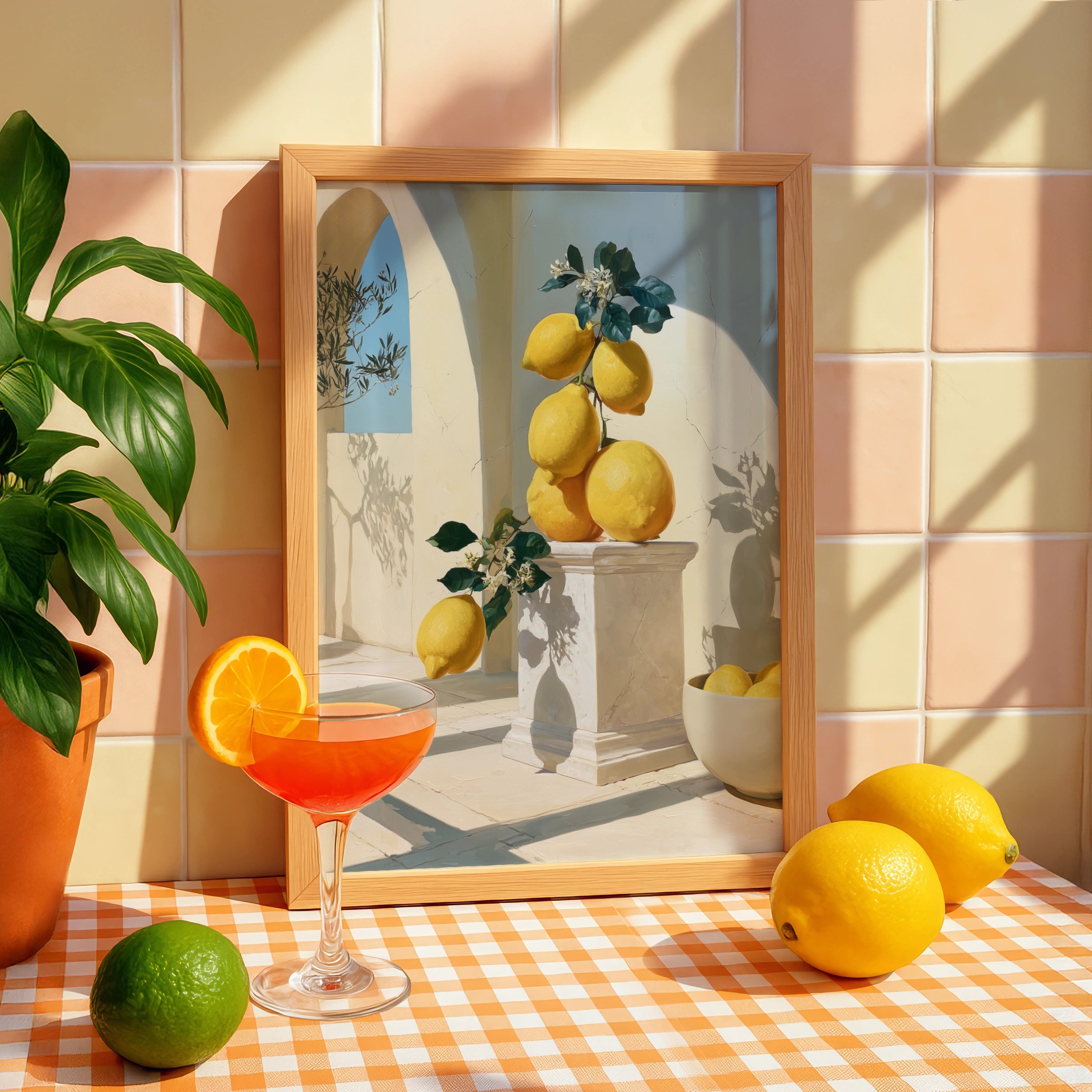 Giant Lemons on Marble Pedestal, Mediterranean Wall Art, Botanical Poster