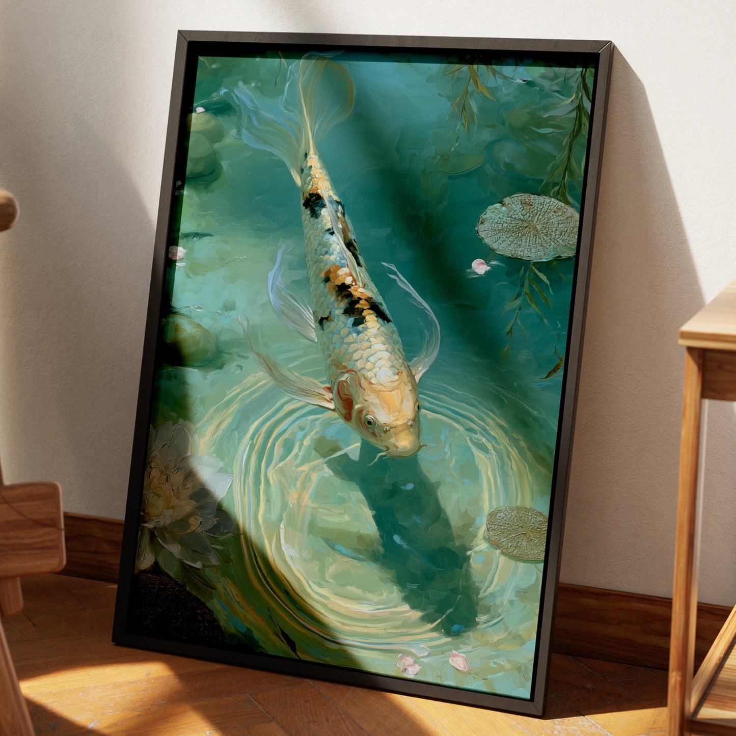 Koi Fish Pond Wall Art Print, Japanese Garden, Teal Zen Poster