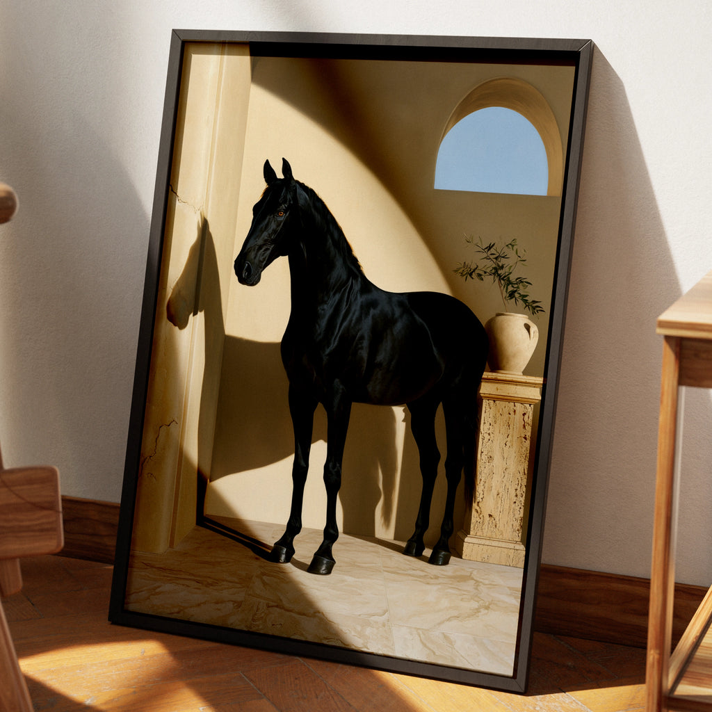 Black Horse Print, Mediterranean Arch Wall Art, Equestrian Poster, Minimalist