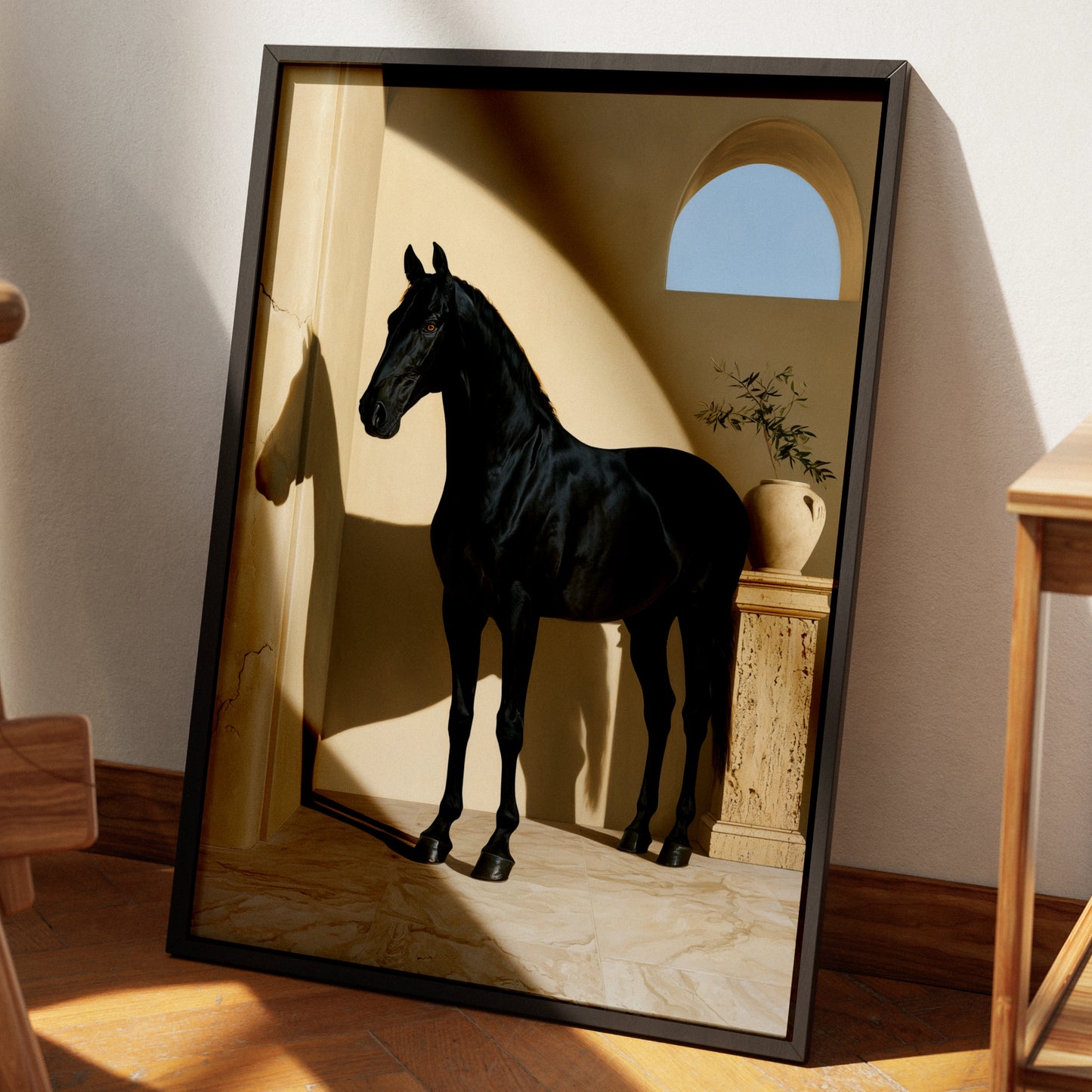Black Horse Print, Mediterranean Arch Wall Art, Equestrian Poster, Minimalist
