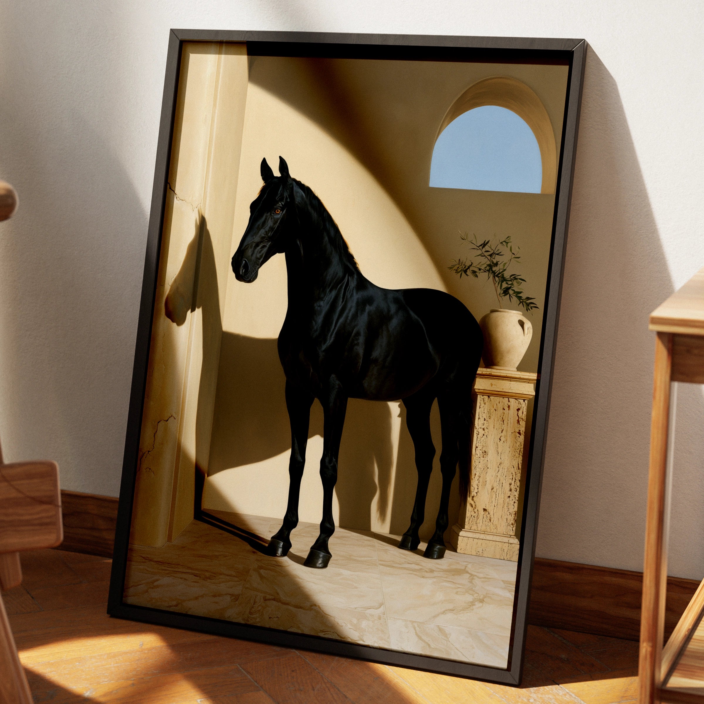 Black Horse Print, Mediterranean Arch Wall Art, Equestrian Poster, Minimalist