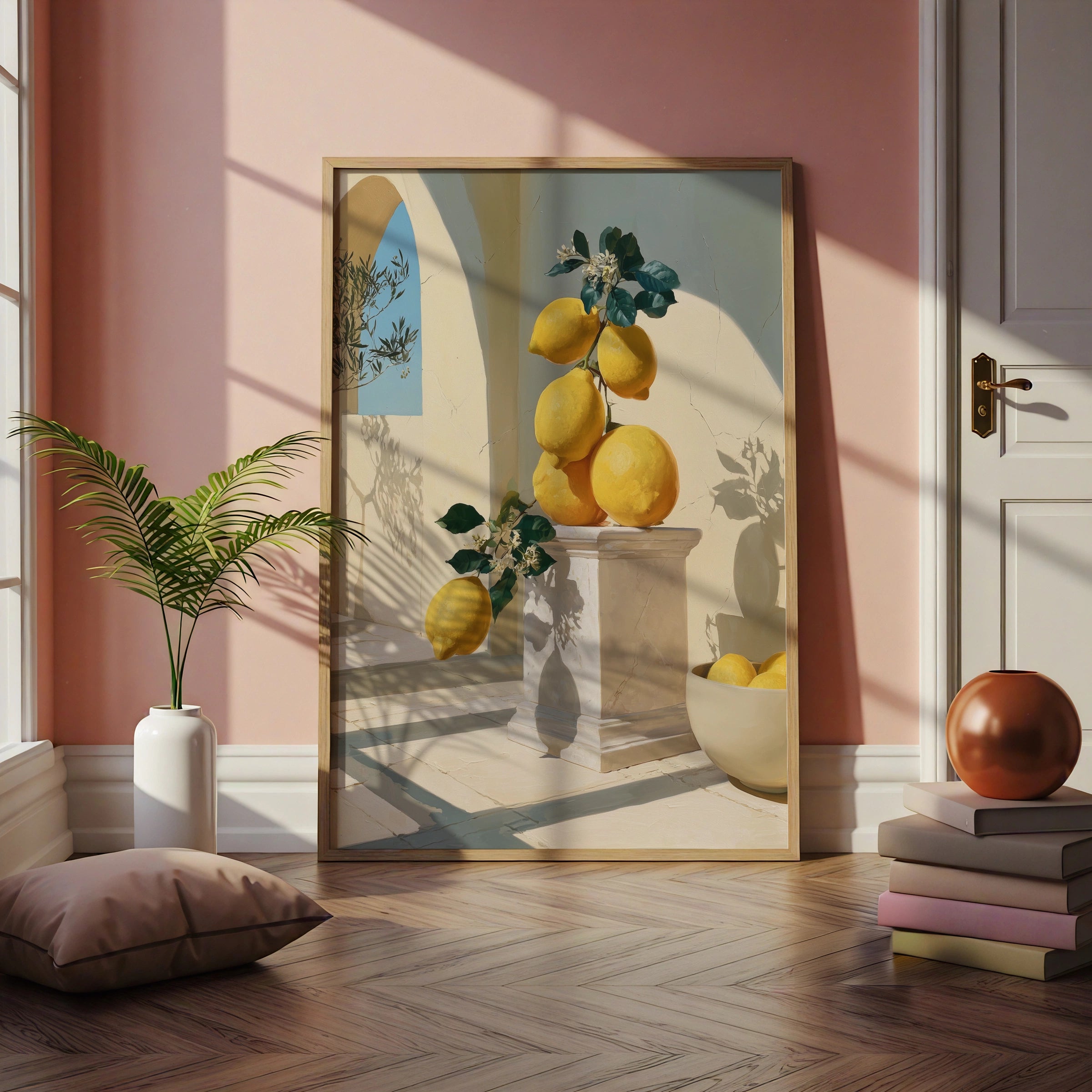 Giant Lemons on Marble Pedestal, Mediterranean Wall Art, Botanical Poster