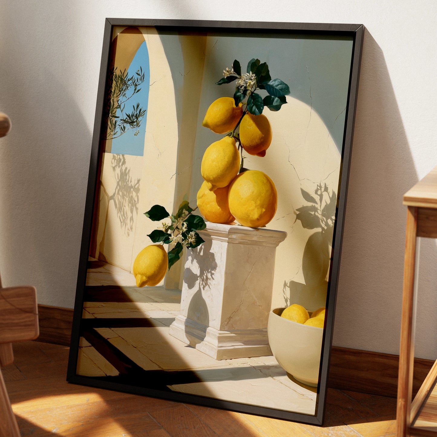 Giant Lemons on Marble Pedestal, Mediterranean Wall Art, Botanical Poster
