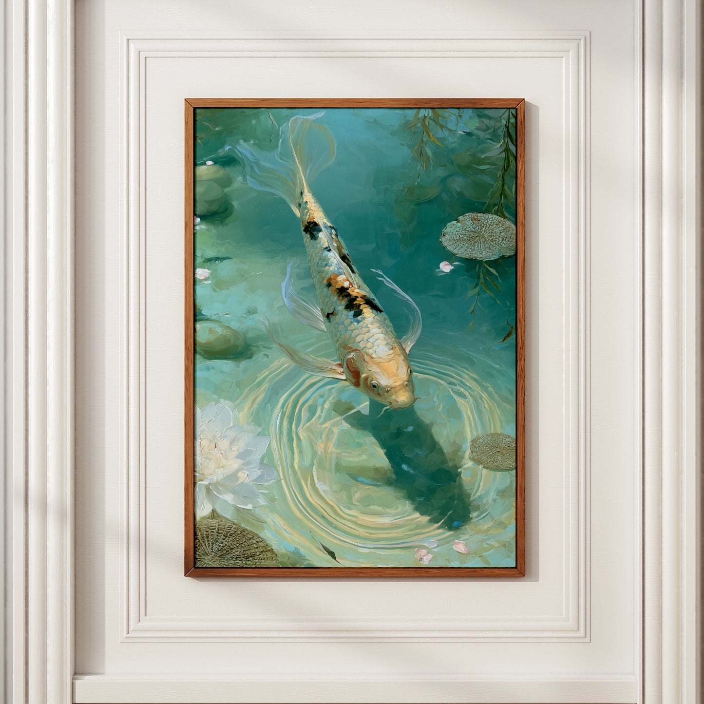 Koi Fish Pond Wall Art Print, Japanese Garden, Teal Zen Poster