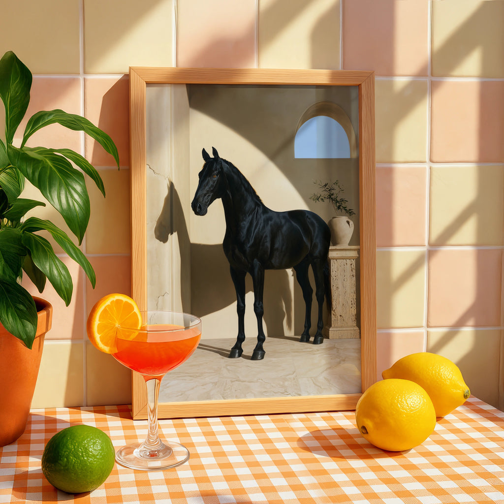 Black Horse Print, Mediterranean Arch Wall Art, Equestrian Poster, Minimalist