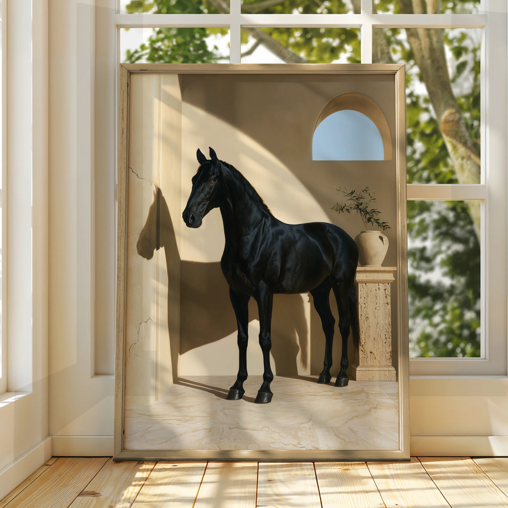Black Horse Print, Mediterranean Arch Wall Art, Equestrian Poster, Minimalist