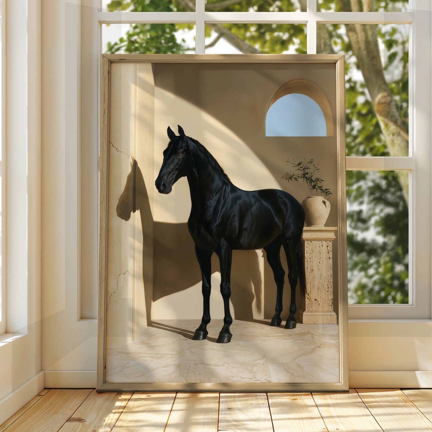 Black Horse Print, Mediterranean Arch Wall Art, Equestrian Poster, Minimalist