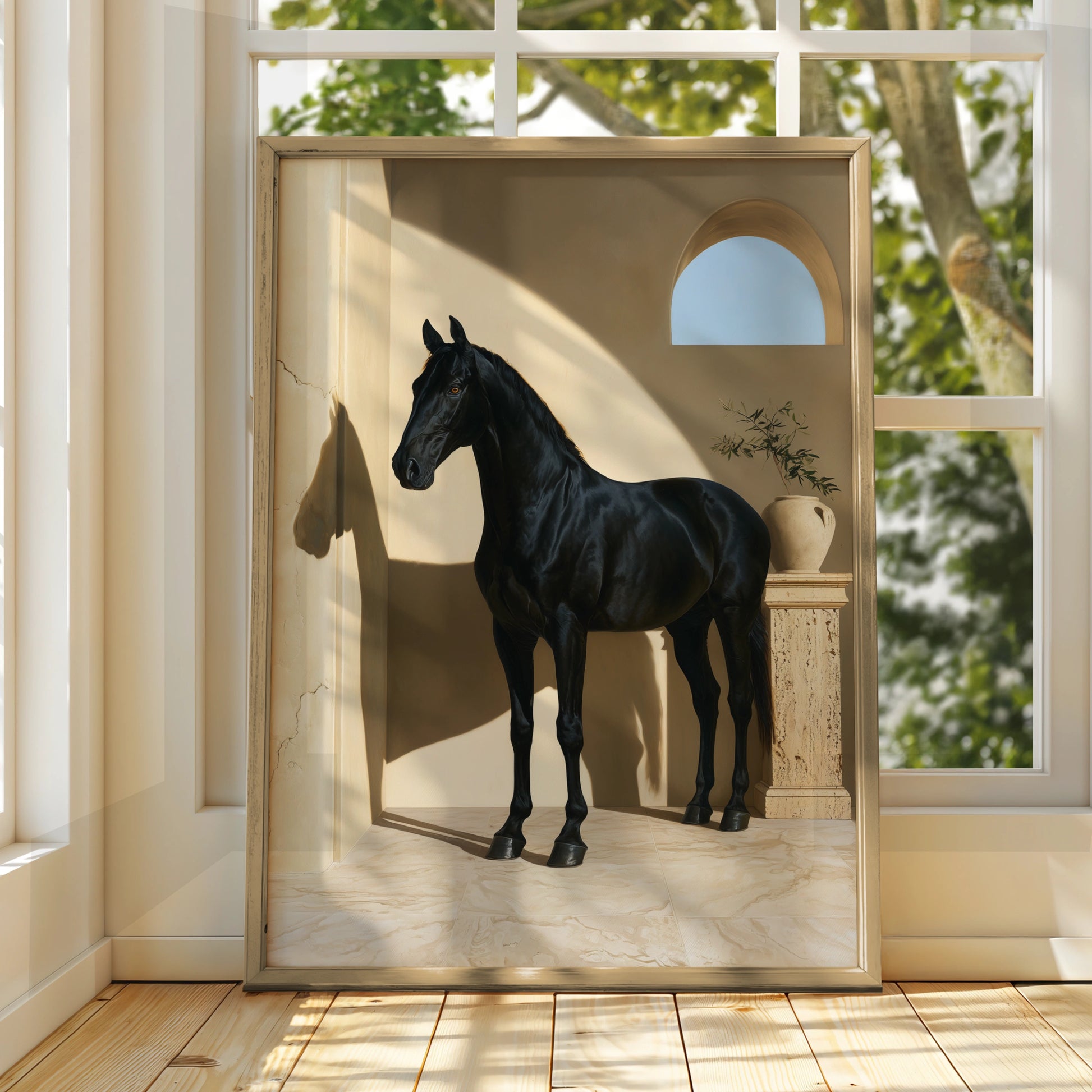 Black Horse Print, Mediterranean Arch Wall Art, Equestrian Poster, Minimalist