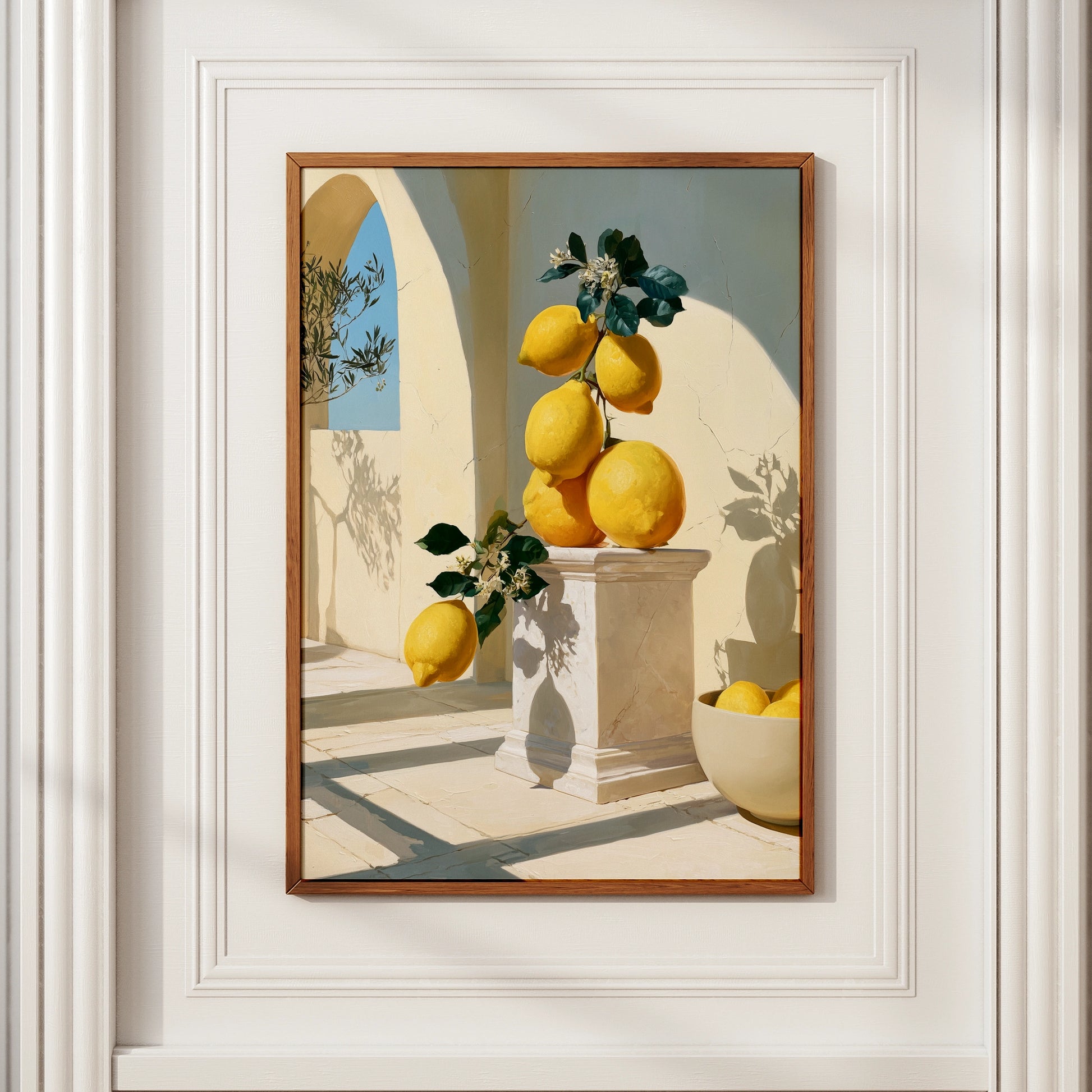 Giant Lemons on Marble Pedestal, Mediterranean Wall Art, Botanical Poster