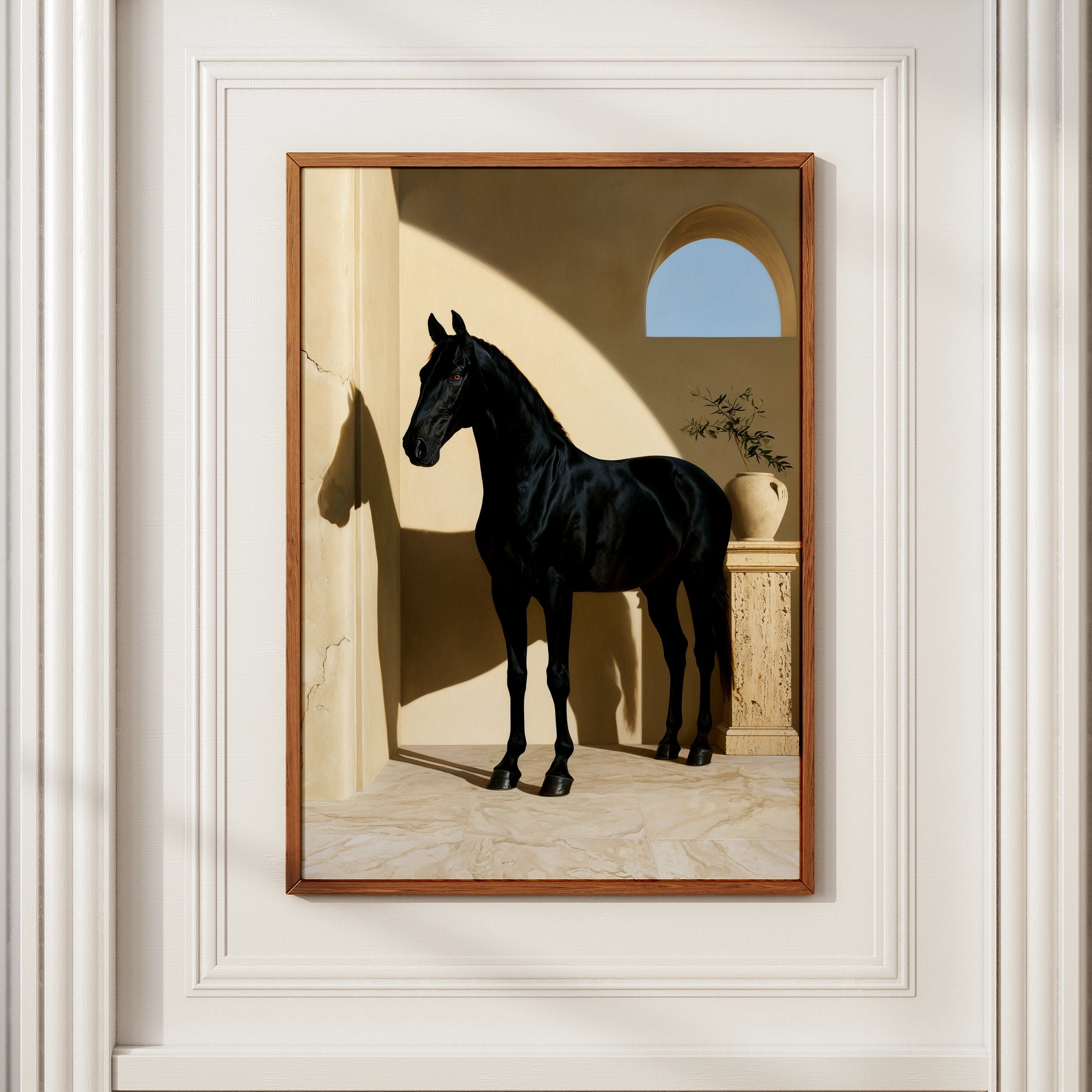 Black Horse Print, Mediterranean Arch Wall Art, Equestrian Poster, Minimalist