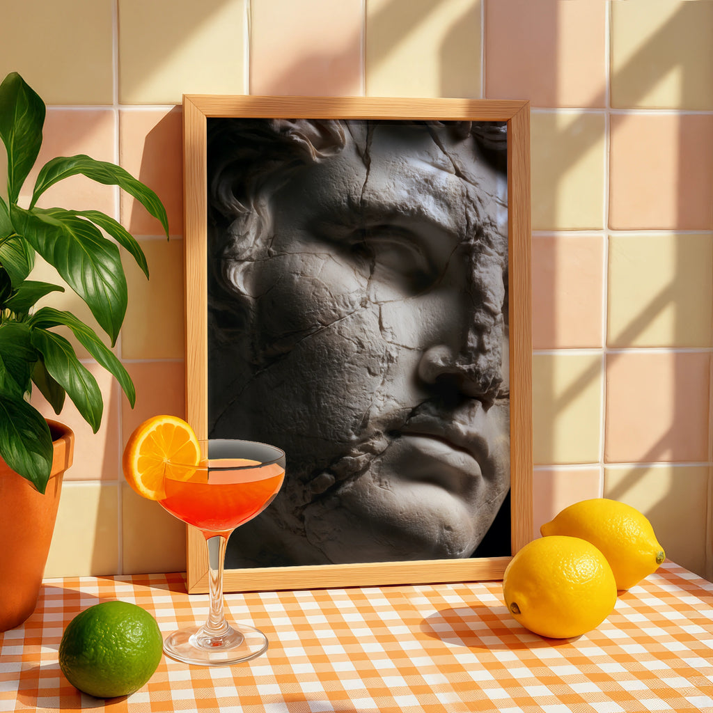 Roman Statue Close Up Art Print, Ancient Marble Sculpture Poster, Classical Dark
