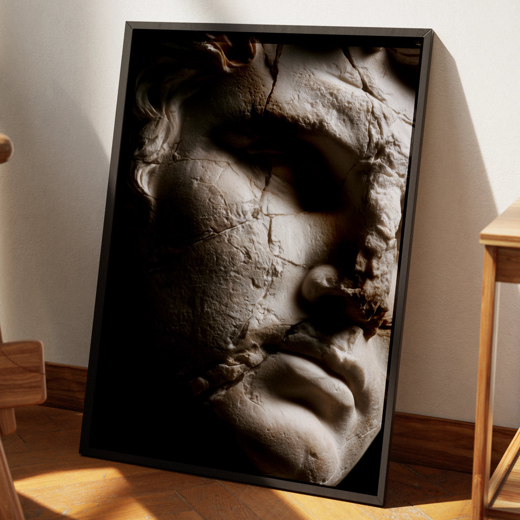 Roman Statue Close Up Art Print, Ancient Marble Sculpture Poster, Classical Dark