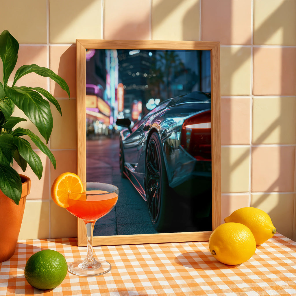 Supercar Night City Scene Art Print, Modern Wall Decor, Automotive Photography, Unique Gift