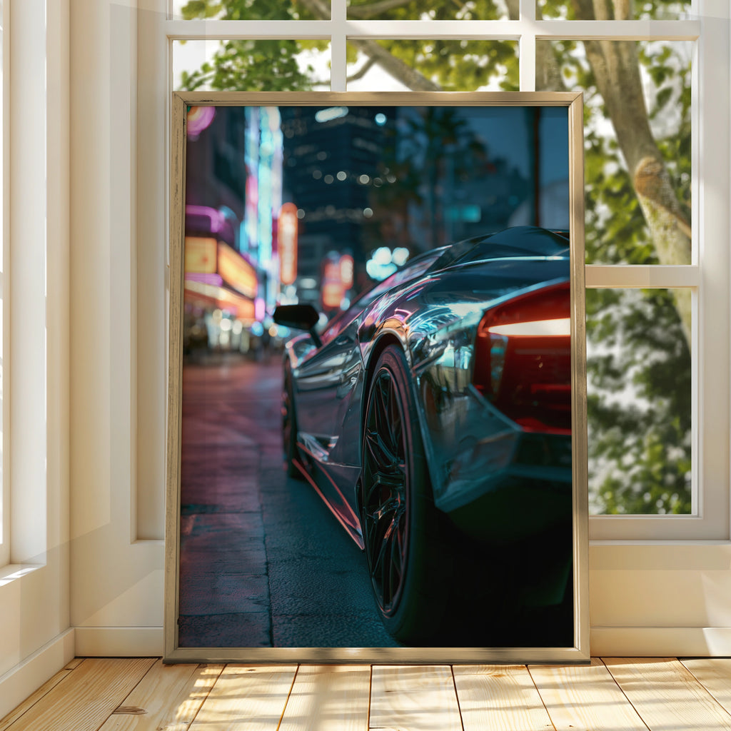 Supercar Night City Scene Art Print, Modern Wall Decor, Automotive Photography, Unique Gift