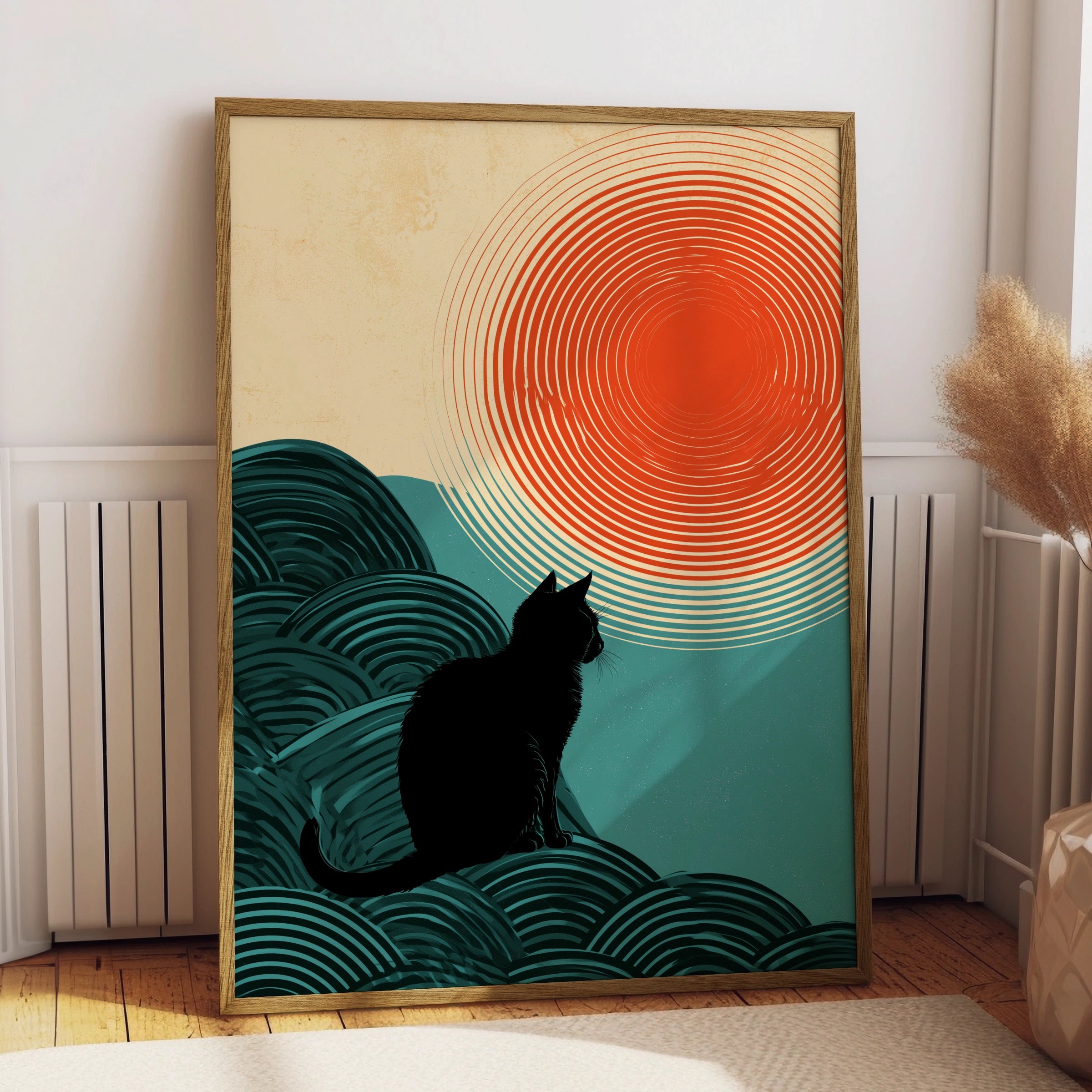 Cat Silhouette Wall Art, Minimalist Cat Art Print, Retro Style Decor