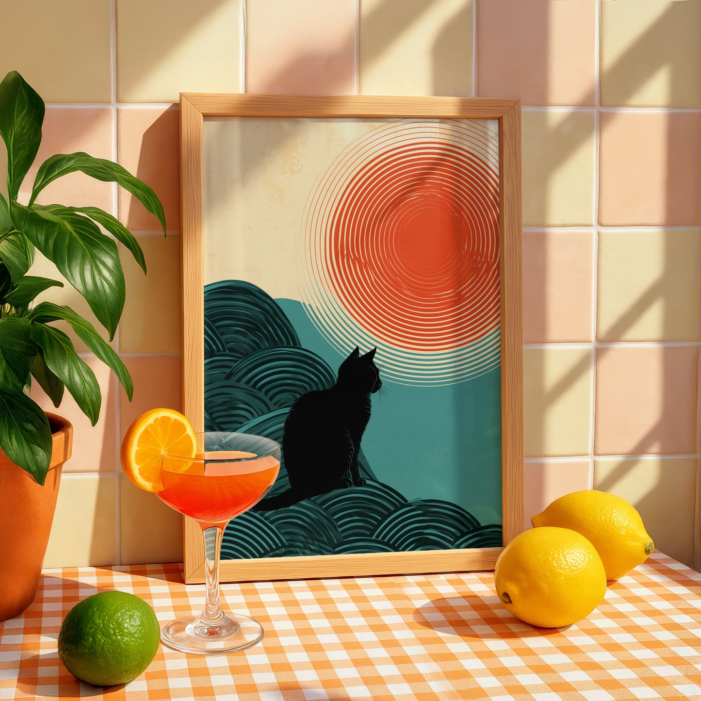 Cat Silhouette Wall Art, Minimalist Cat Art Print, Retro Style Decor