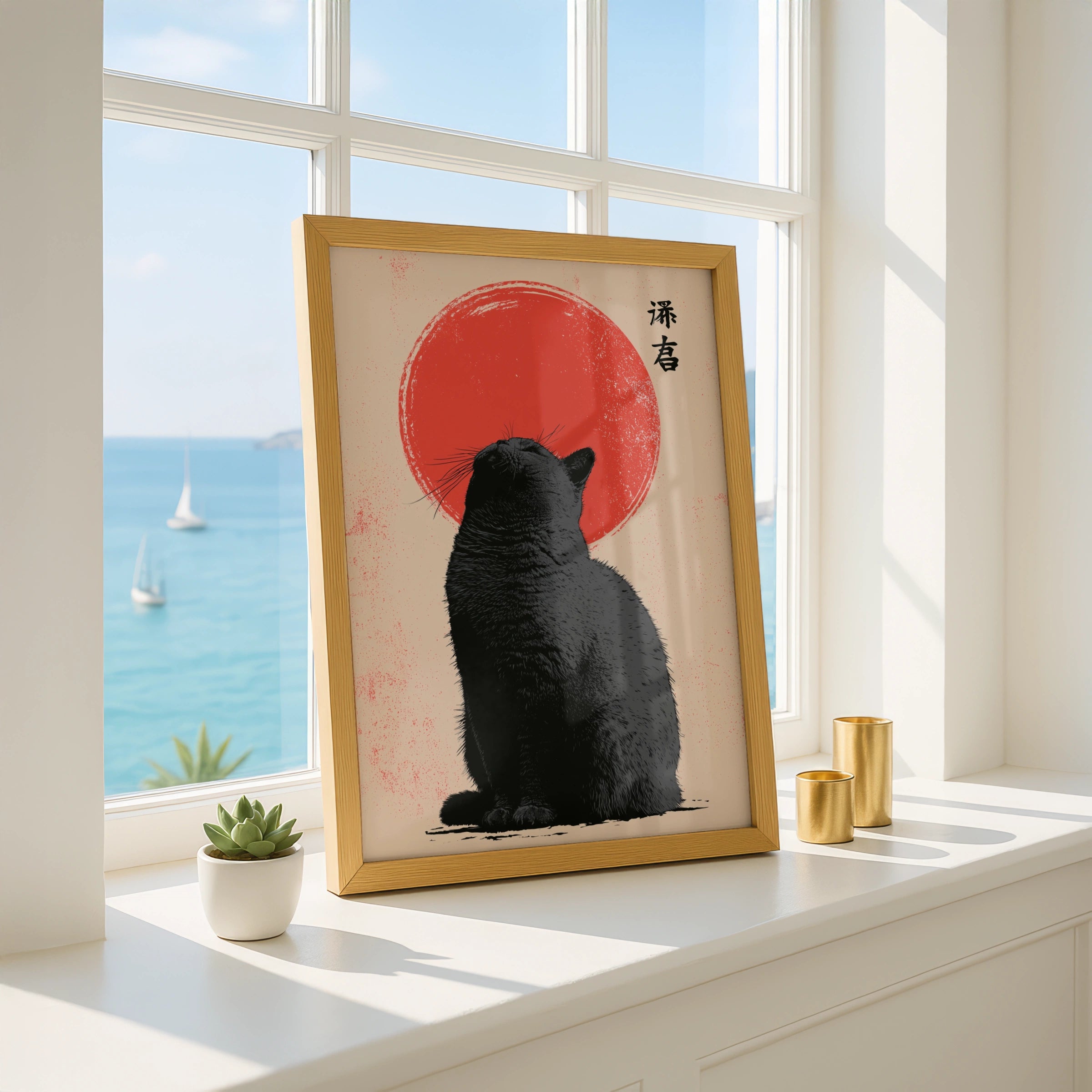 Black Cat Silhouette Art Print, Bold Red Circle Background, Minimalist Japanese Style