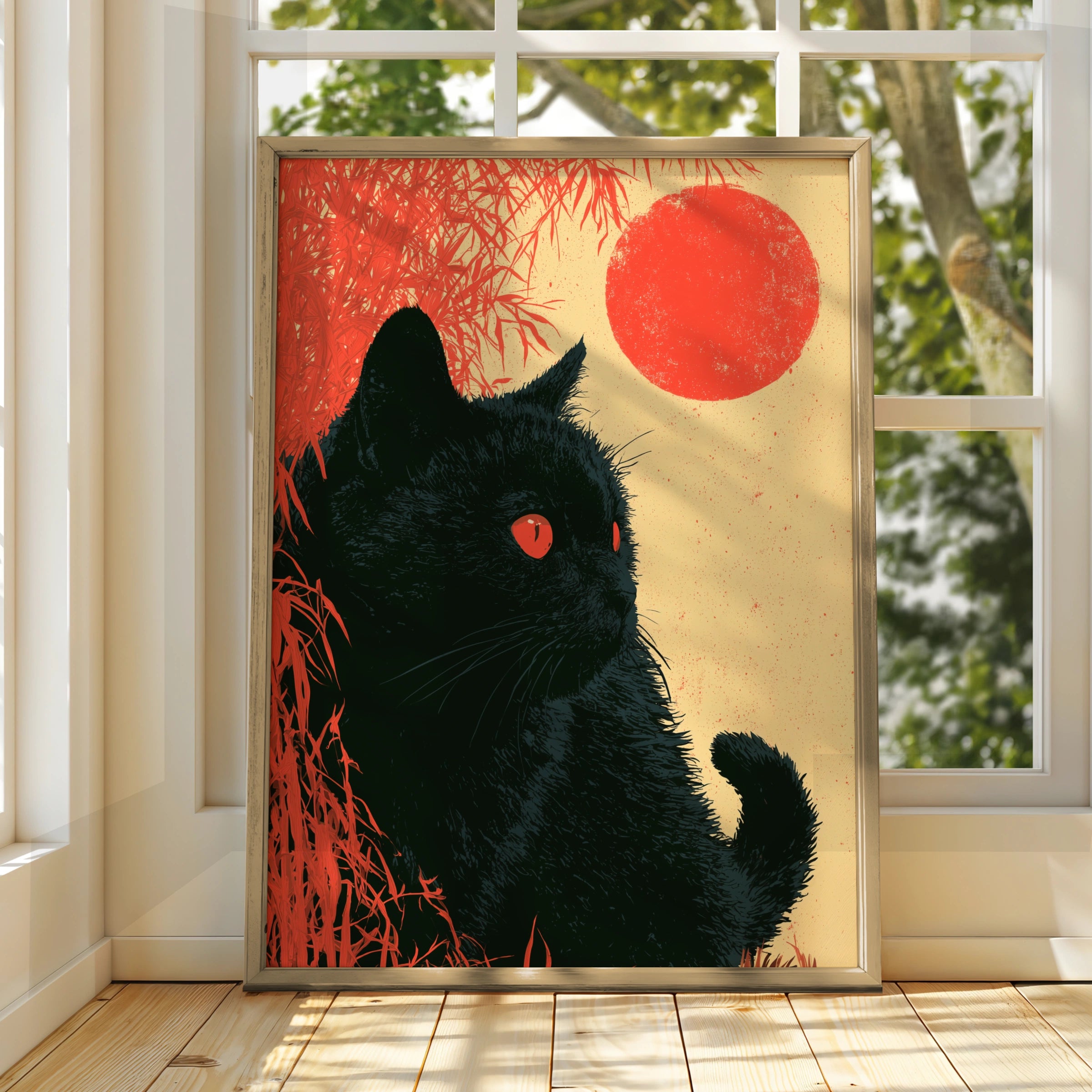 Black Cat Portrait, Stunning Wall Art, Minimalist Style, Red Sun, Modern Decor
