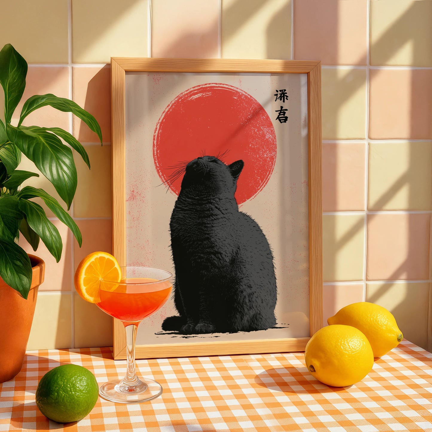 Black Cat Silhouette Art Print, Bold Red Circle Background, Minimalist Japanese Style