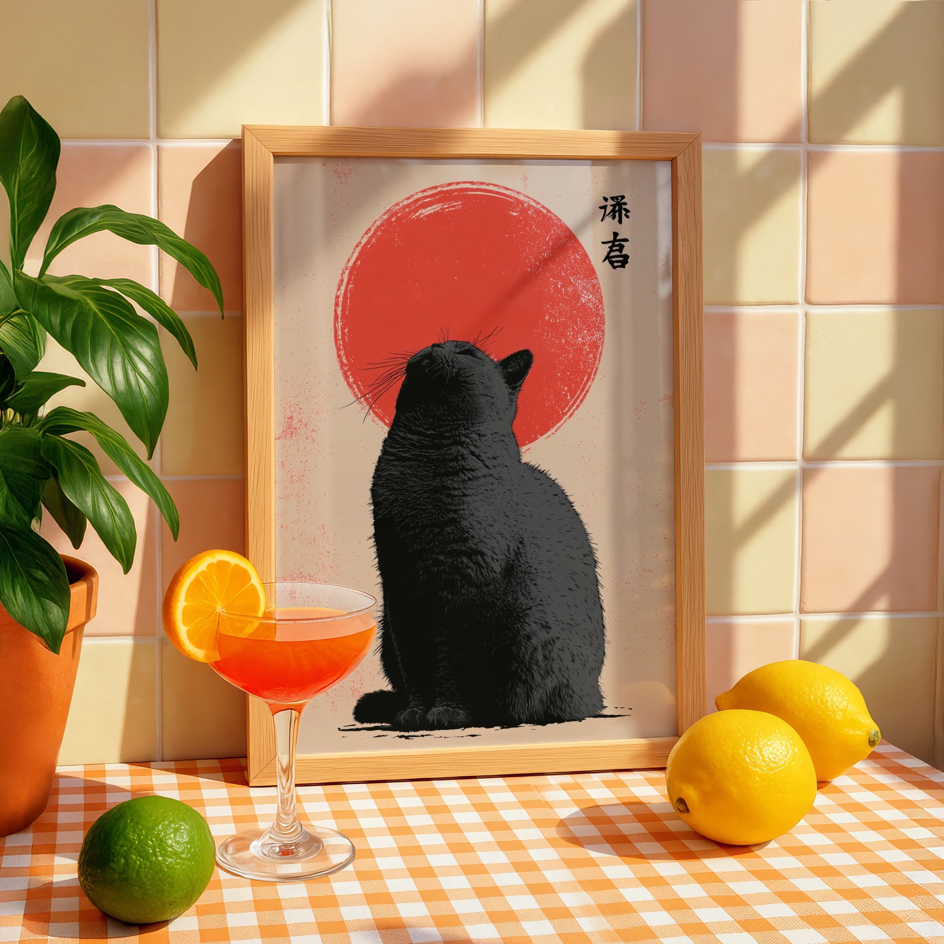 Black Cat Silhouette Art Print, Bold Red Circle Background, Minimalist Japanese Style