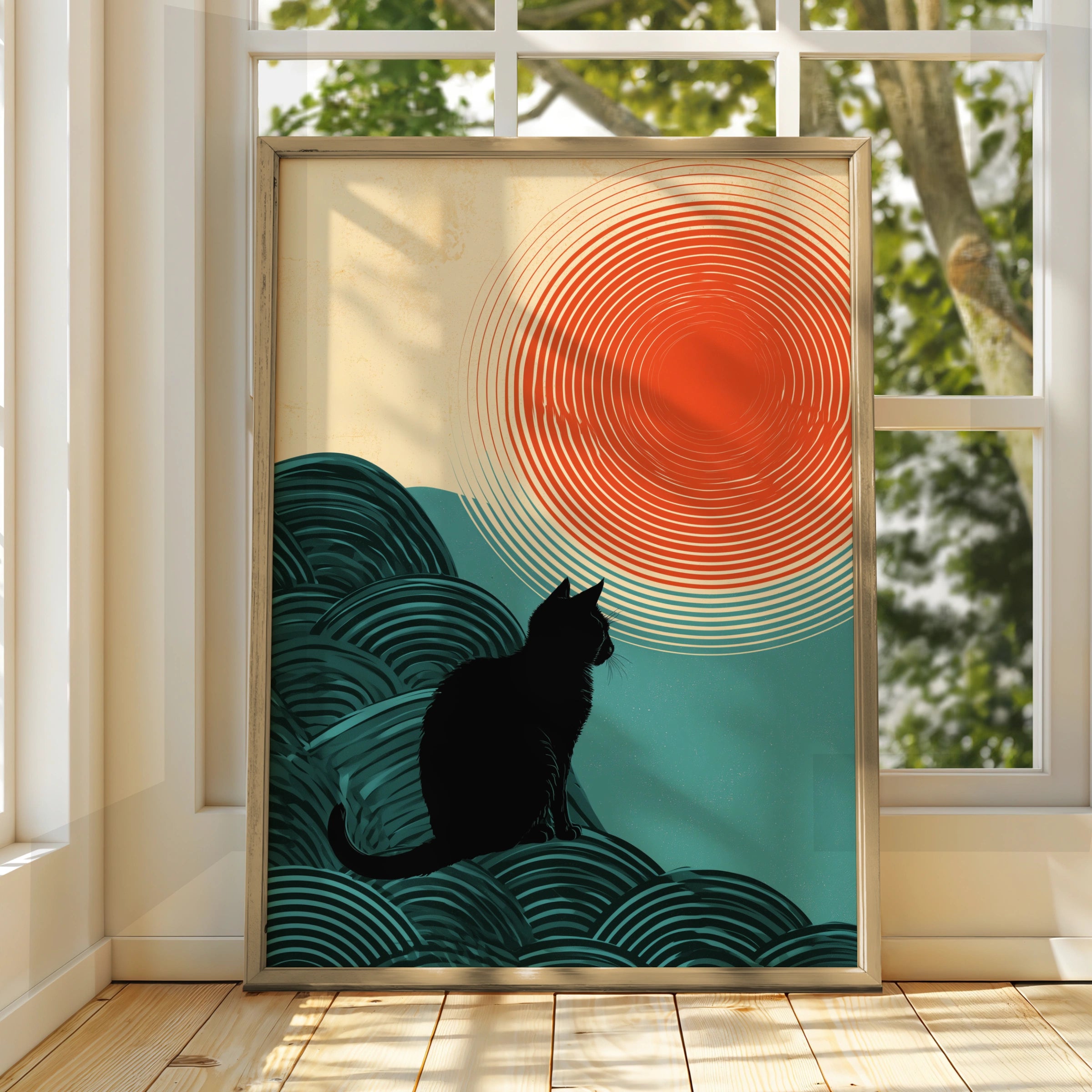 Cat Silhouette Wall Art, Minimalist Cat Art Print, Retro Style Decor