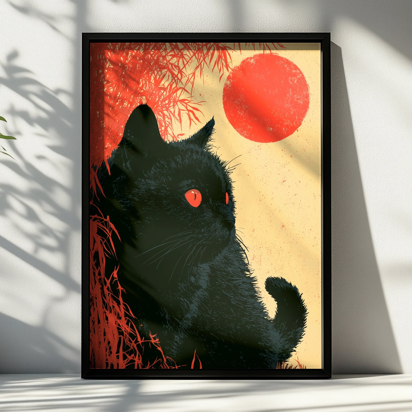 Black Cat Portrait, Stunning Wall Art, Minimalist Style, Red Sun, Modern Decor