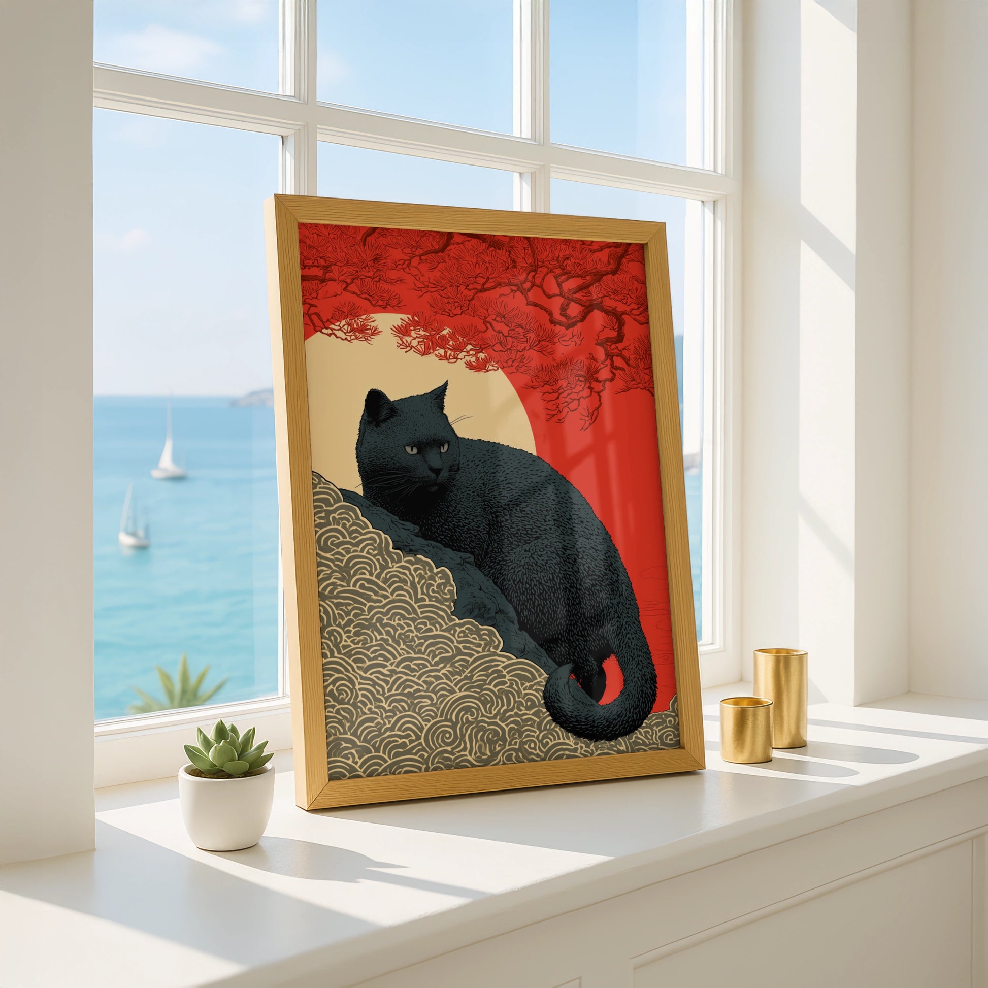 Black Cat Artwork, Japanese Inspired Print, Bold Colours, Modern Wall Art