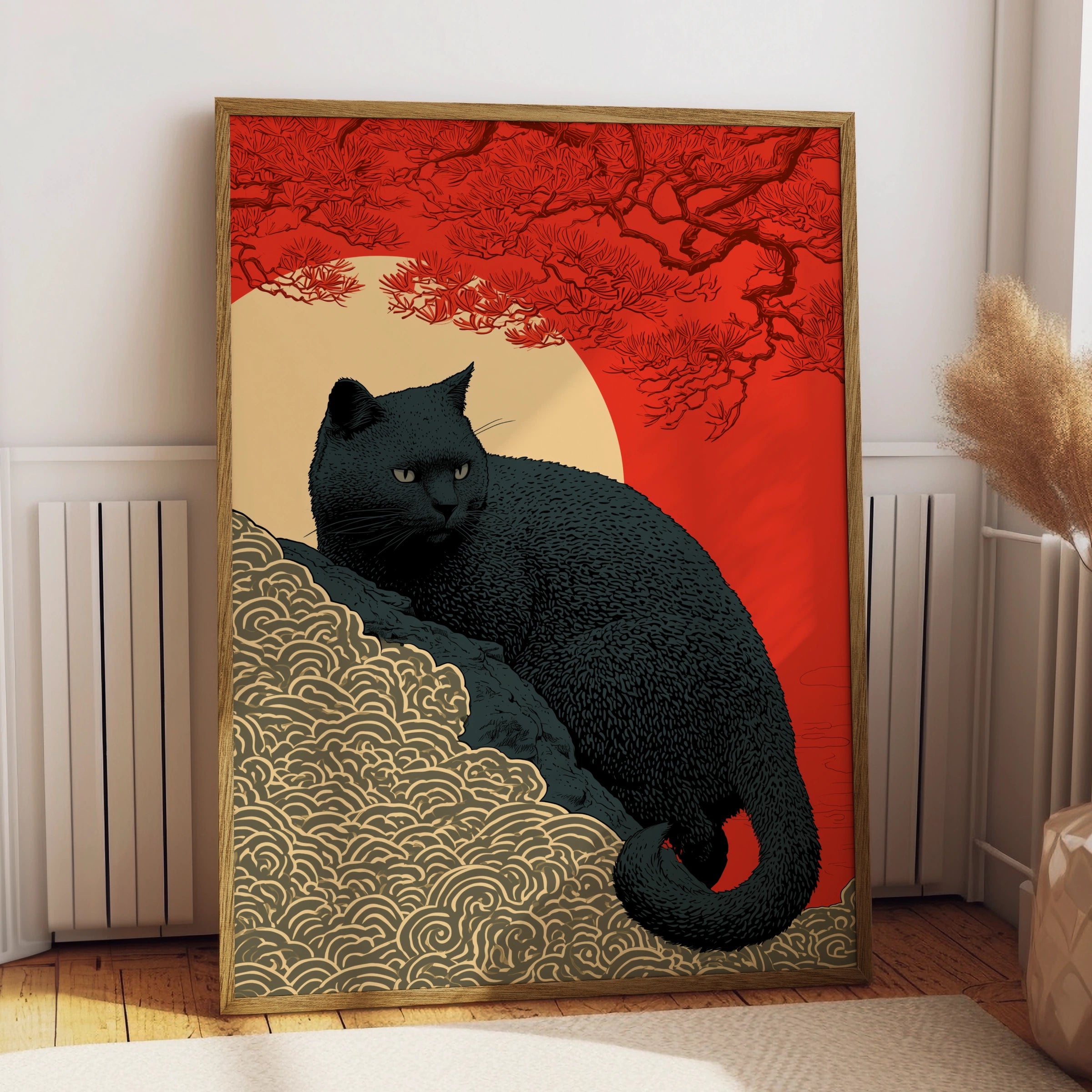 Black Cat Artwork, Japanese Inspired Print, Bold Colours, Modern Wall Art