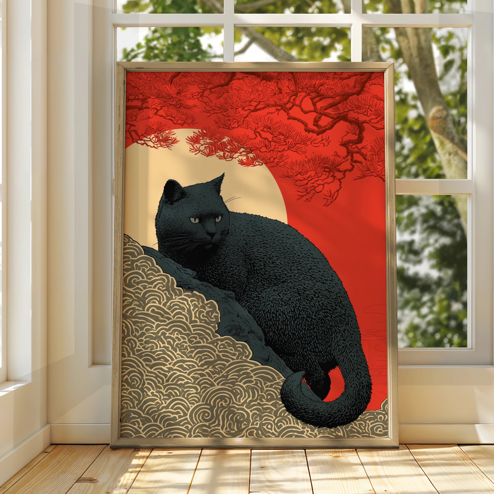 Black Cat Artwork, Japanese Inspired Print, Bold Colours, Modern Wall Art