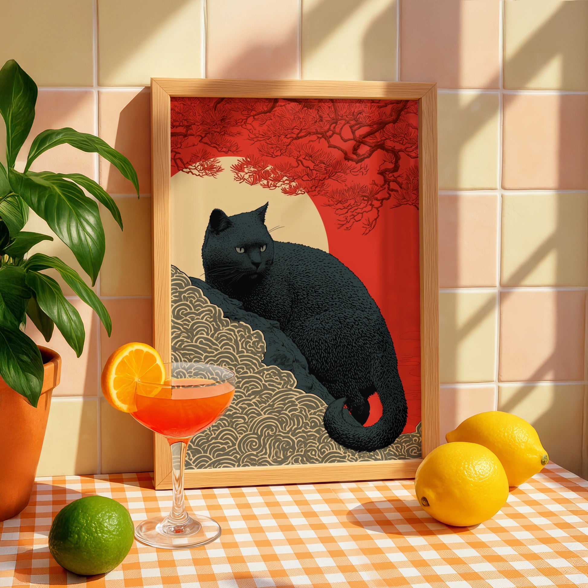 Black Cat Artwork, Japanese Inspired Print, Bold Colours, Modern Wall Art