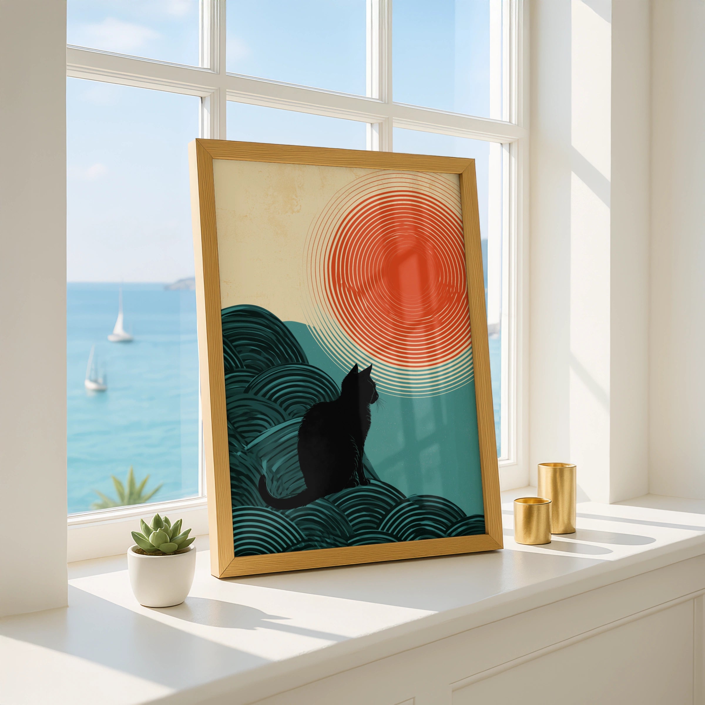 Cat Silhouette Wall Art, Minimalist Cat Art Print, Retro Style Decor