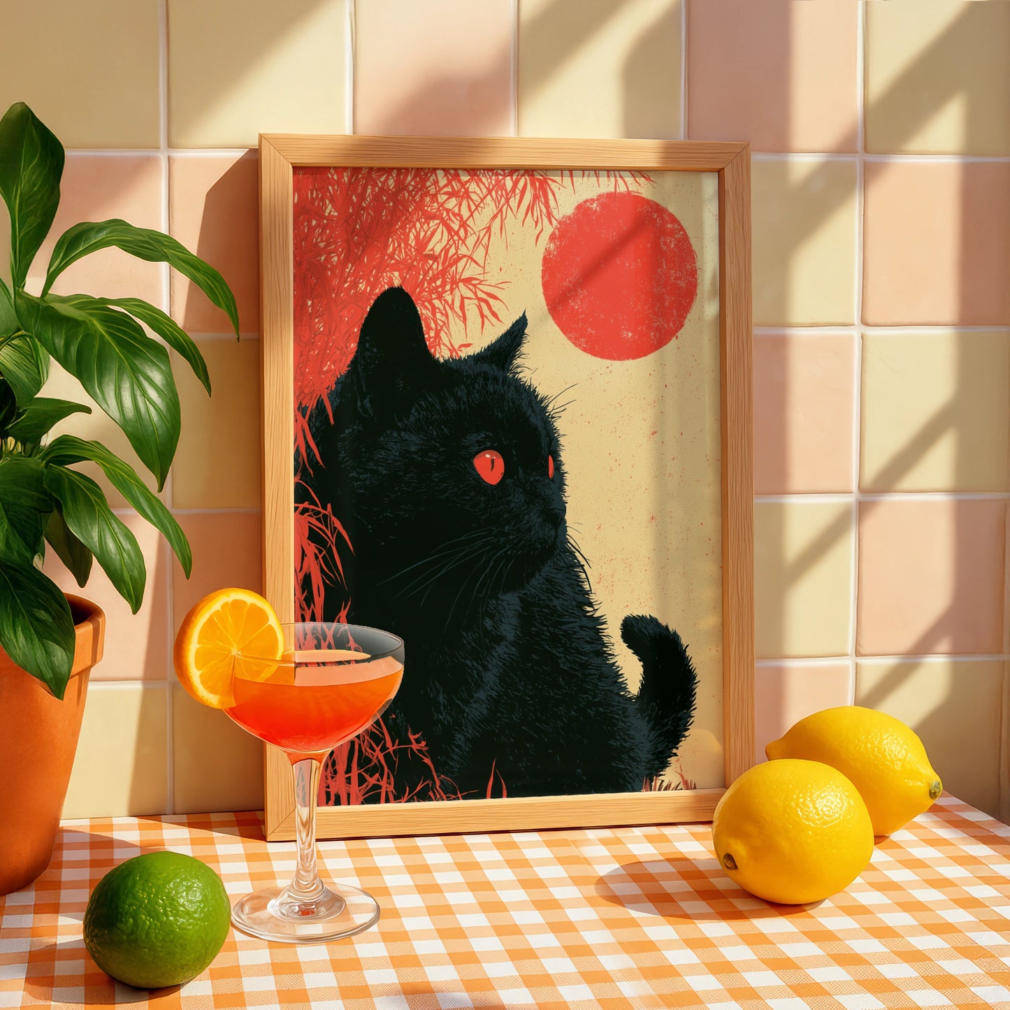Black Cat Portrait, Stunning Wall Art, Minimalist Style, Red Sun, Modern Decor