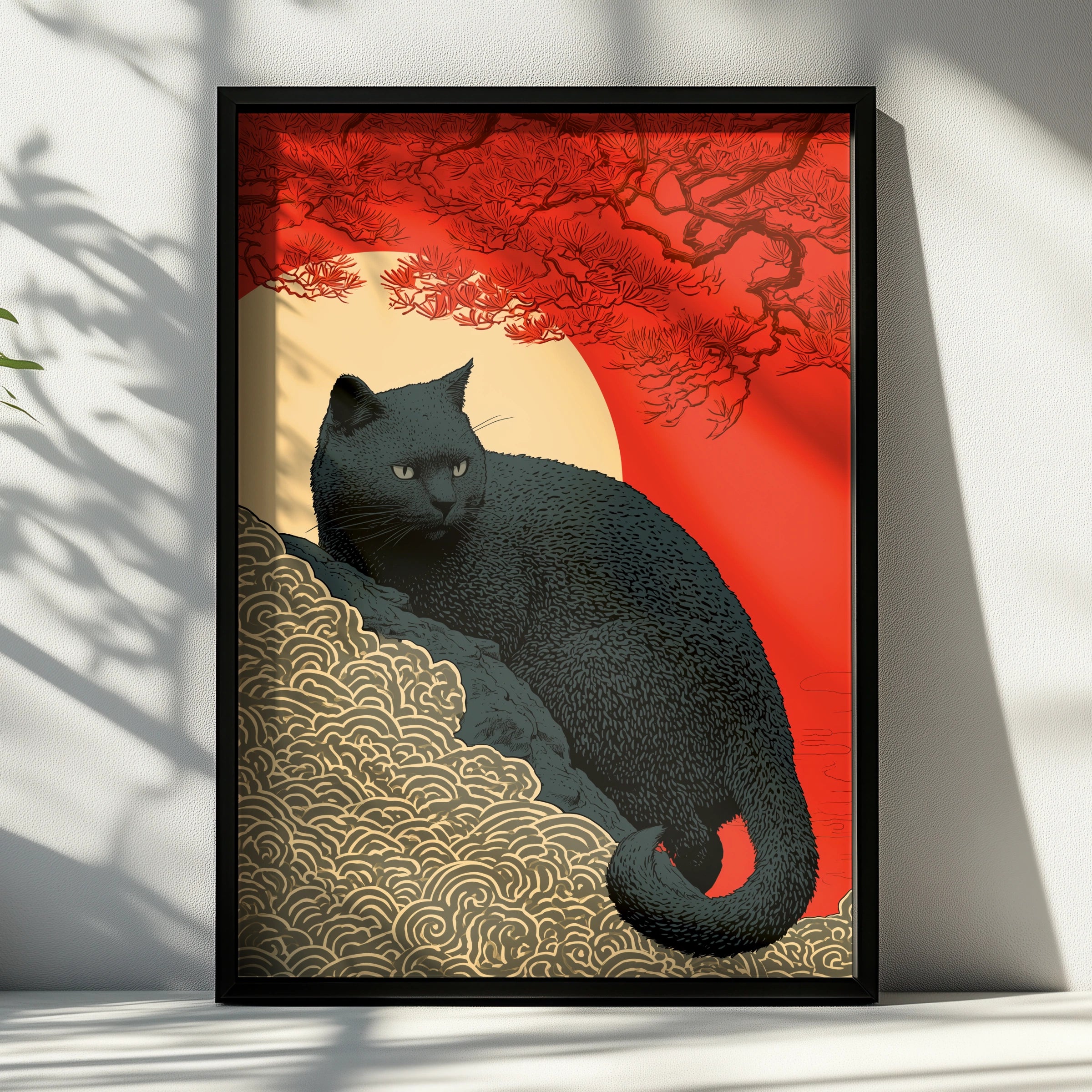 Black Cat Artwork, Japanese Inspired Print, Bold Colours, Modern Wall Art