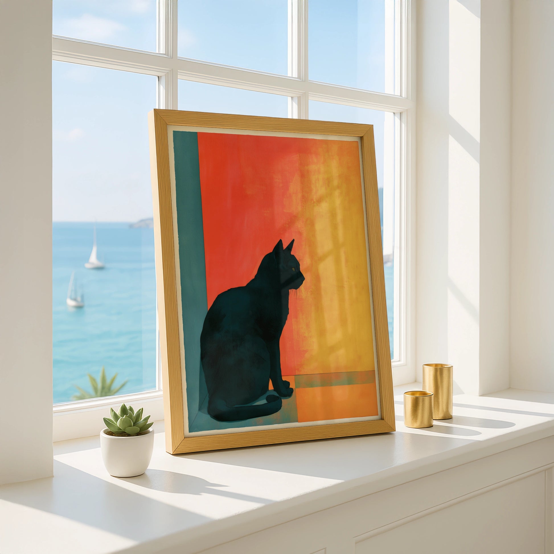 Black Cat Silhouette Art Print, Modern Wall Decor, Colourful Cat Poster