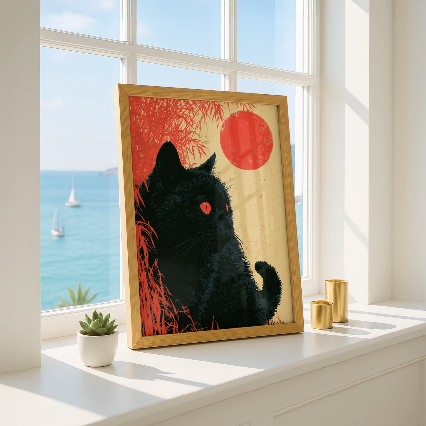 Black Cat Portrait, Stunning Wall Art, Minimalist Style, Red Sun, Modern Decor