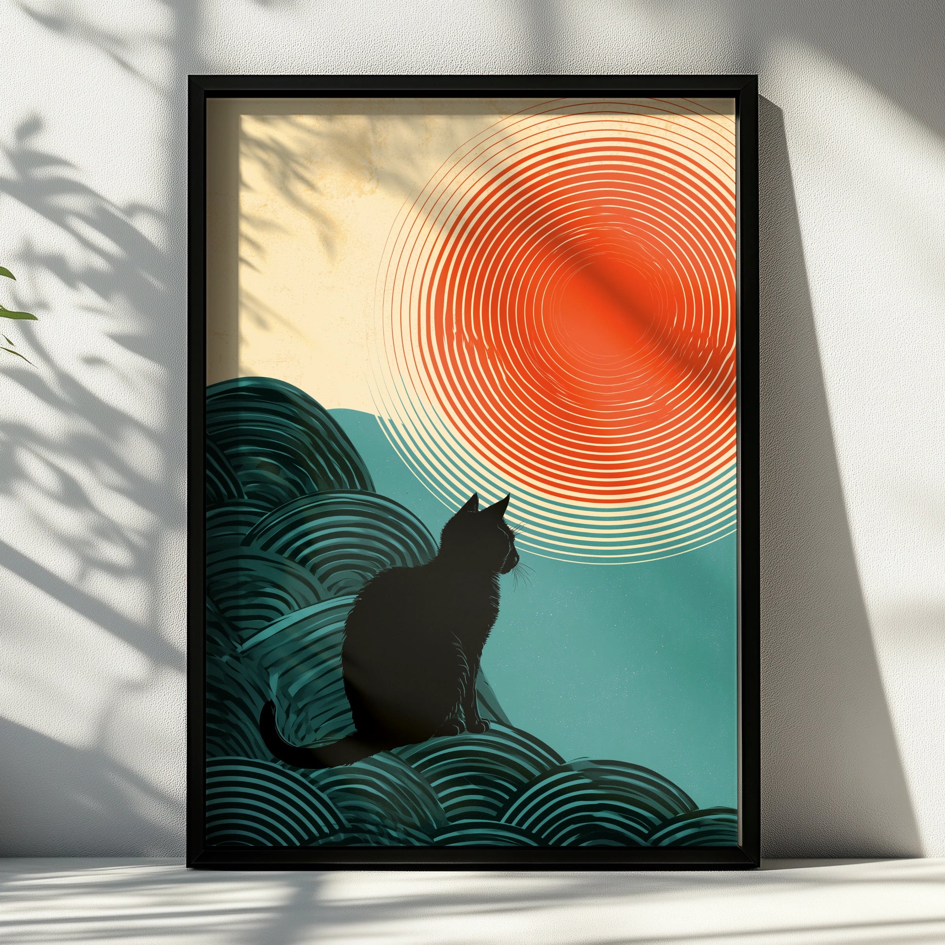 Cat Silhouette Wall Art, Minimalist Cat Art Print, Retro Style Decor