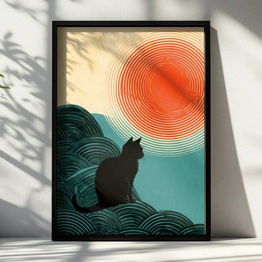 Cat Silhouette Wall Art, Minimalist Cat Art Print, Retro Style Decor