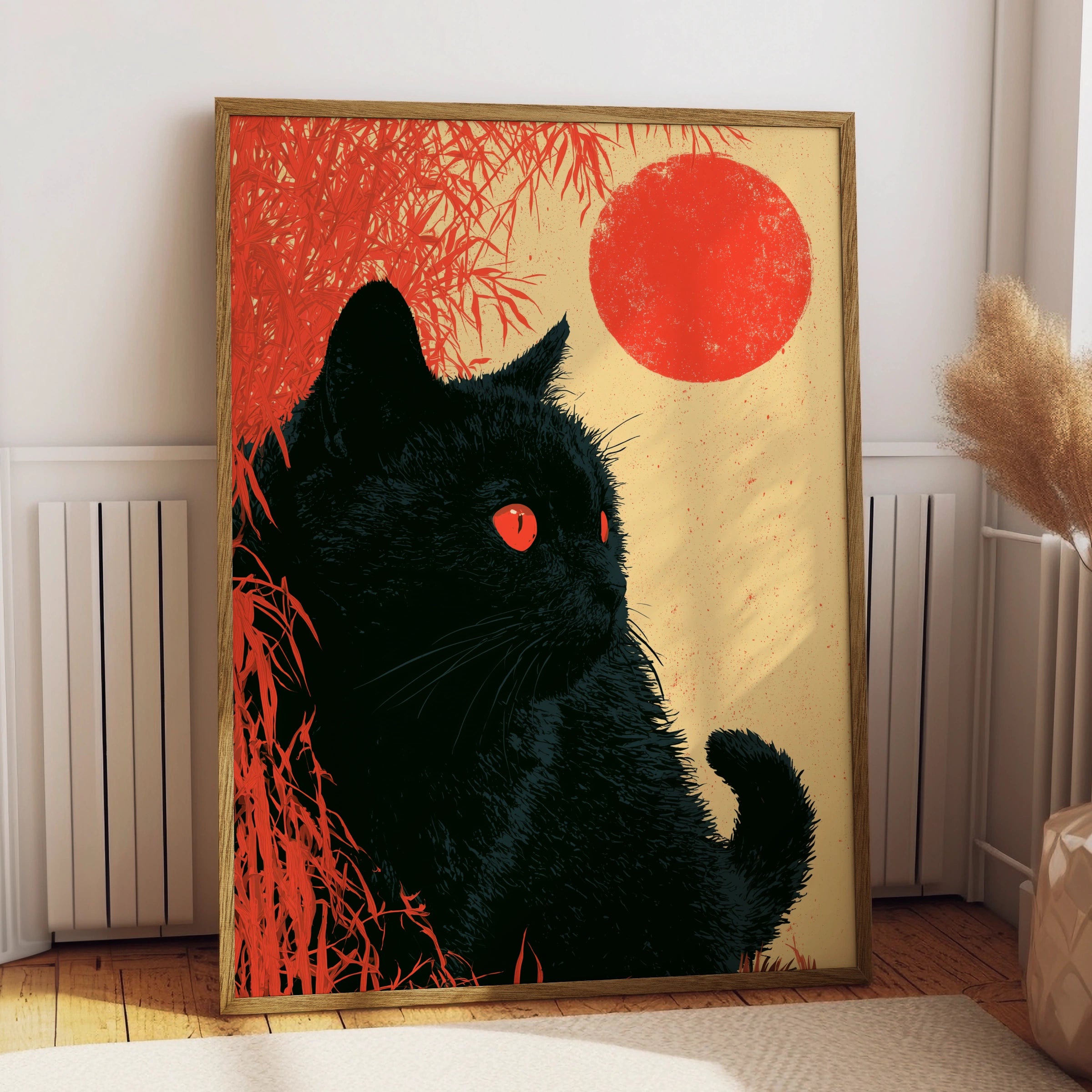 Black Cat Portrait, Stunning Wall Art, Minimalist Style, Red Sun, Modern Decor