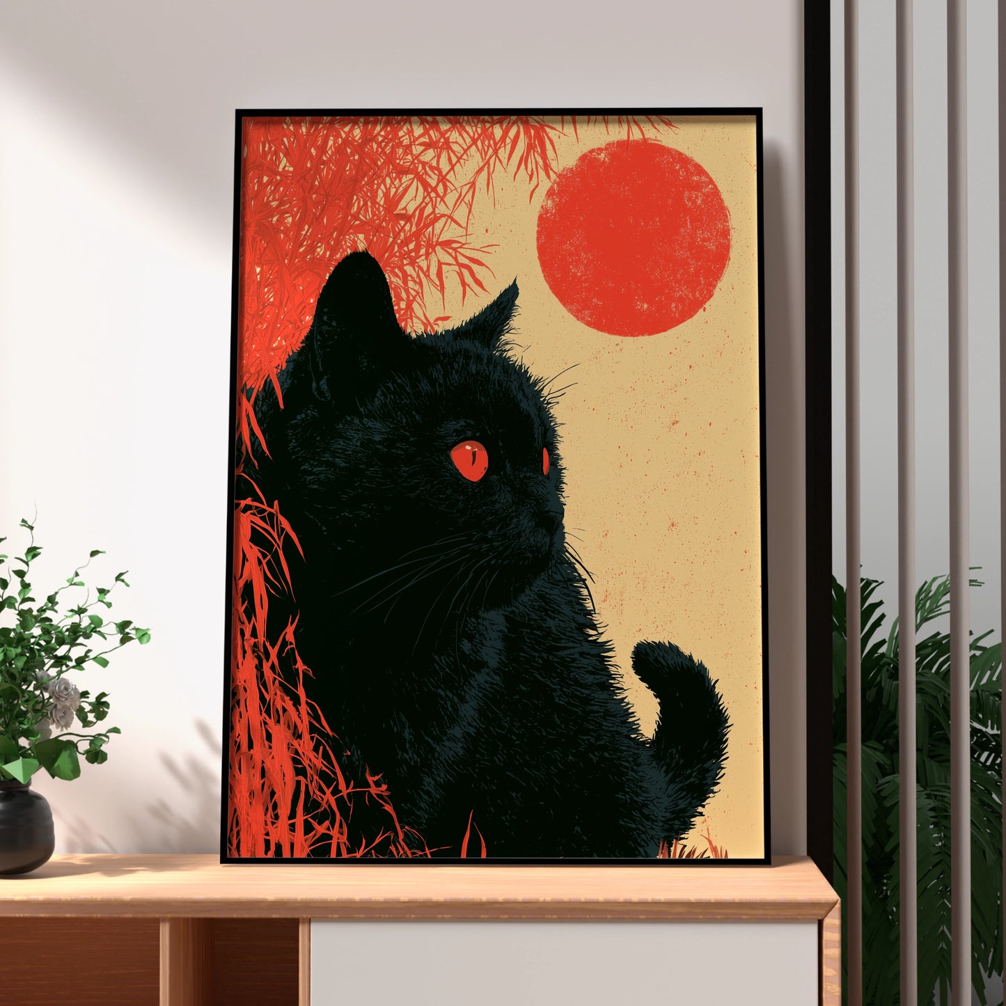 Black Cat Portrait, Stunning Wall Art, Minimalist Style, Red Sun, Modern Decor